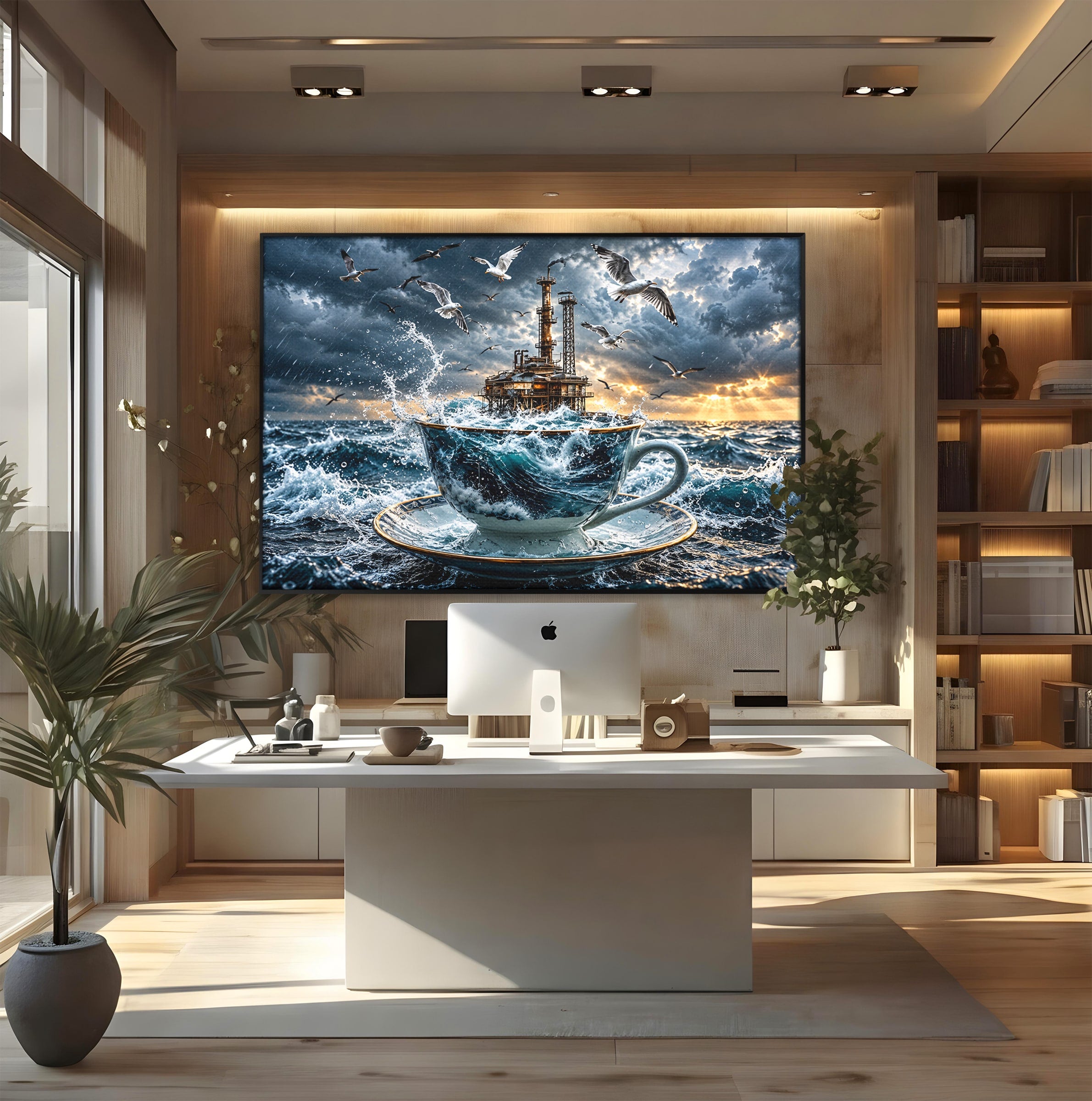 Tablou Canvas Premium LuxCanva® U1212, Furtuna In Ceasca, Mare, Pescarusi, Furtuna, Ceasca, Birou, Culori Vibrante