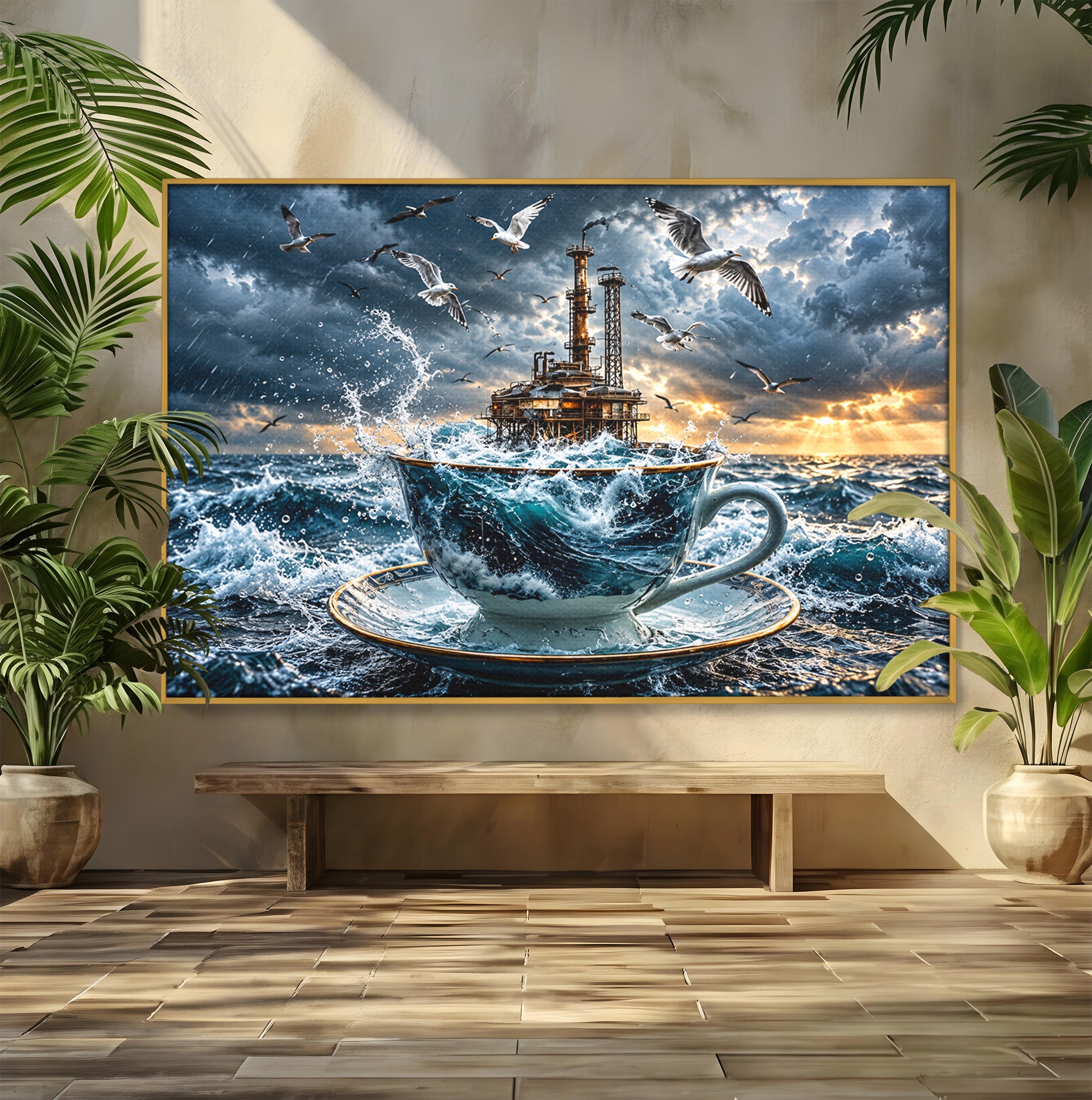 Tablou Canvas Premium LuxCanva® U1212, Furtuna In Ceasca, Mare, Pescarusi, Furtuna, Ceasca, Birou, Culori Vibrante
