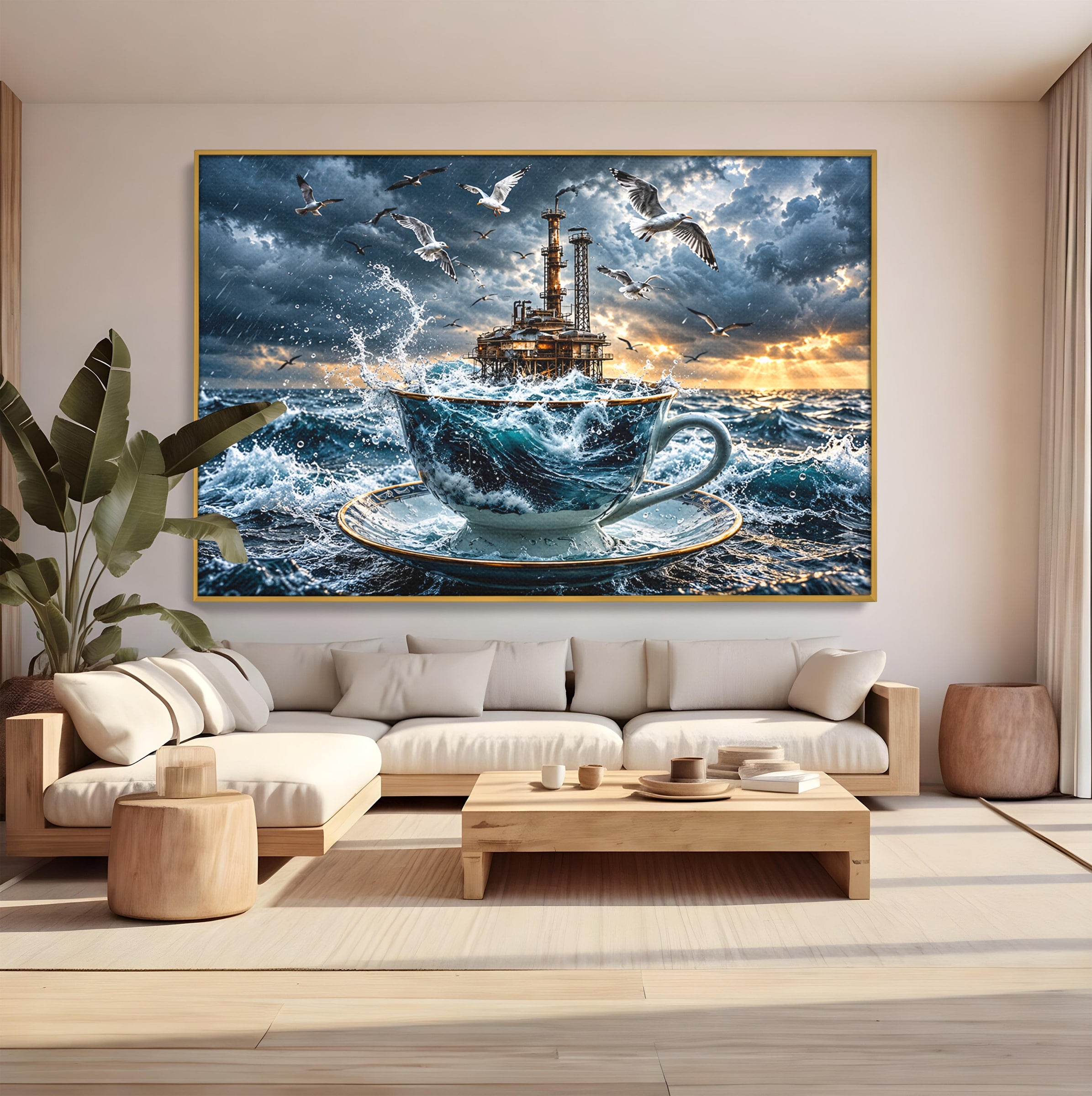 Tablou Canvas Premium LuxCanva® U1212, Furtuna In Ceasca, Mare, Pescarusi, Furtuna, Ceasca, Birou, Culori Vibrante