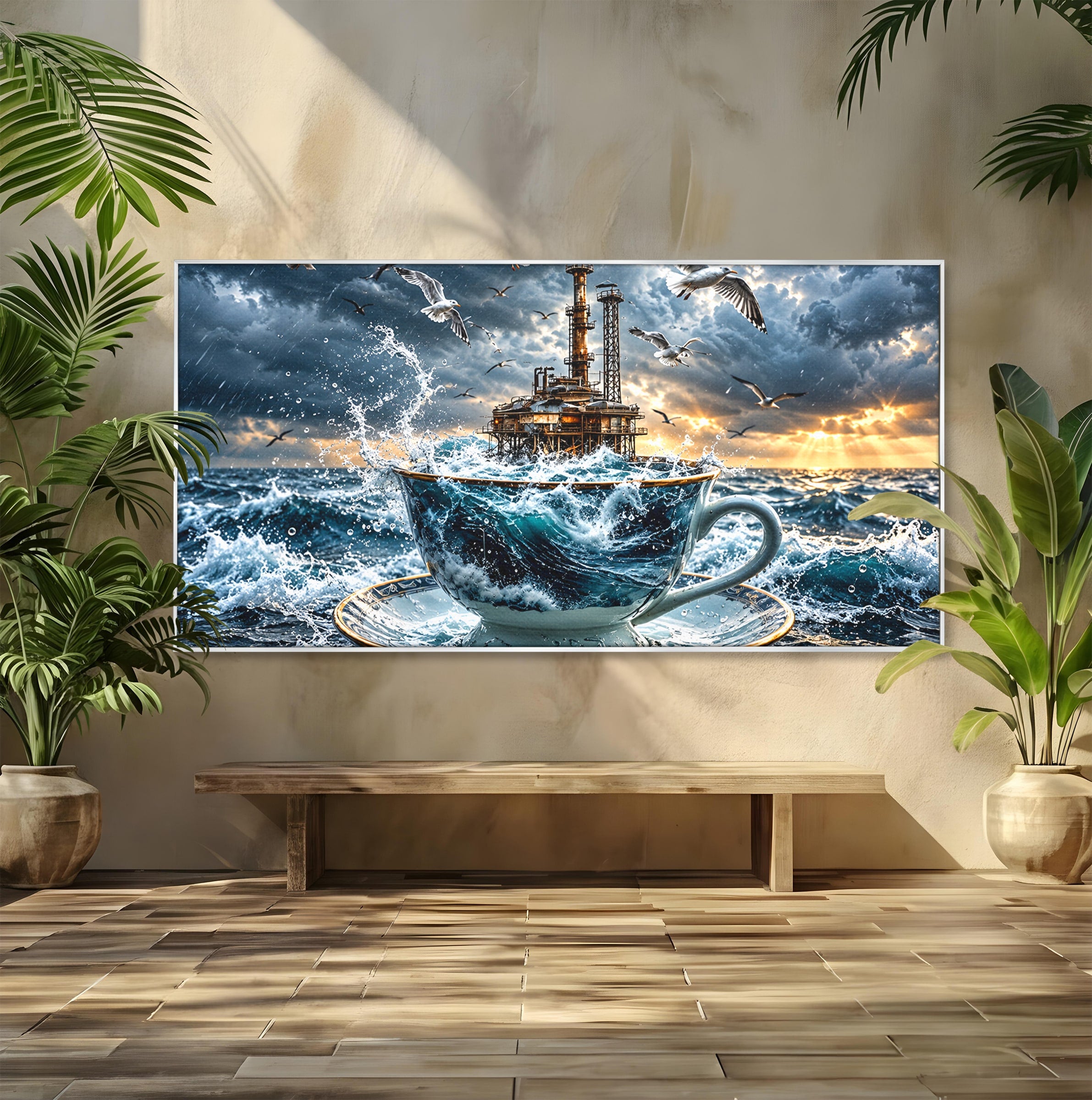 Tablou Canvas Premium LuxCanva® U1212, Furtuna In Ceasca, Mare, Pescarusi, Furtuna, Ceasca, Birou, Culori Vibrante