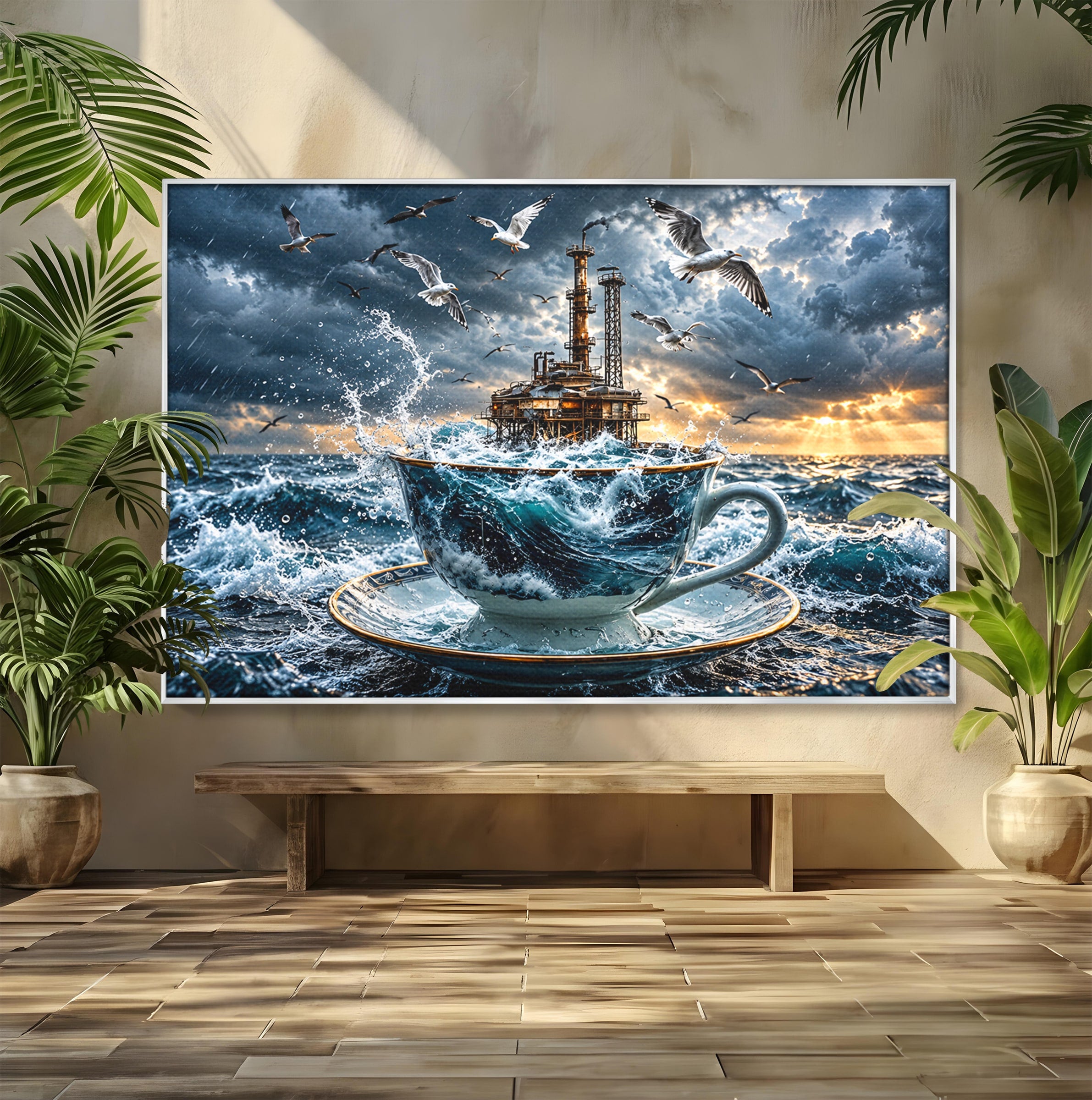 Tablou Canvas Premium LuxCanva® U1212, Furtuna In Ceasca, Mare, Pescarusi, Furtuna, Ceasca, Birou, Culori Vibrante
