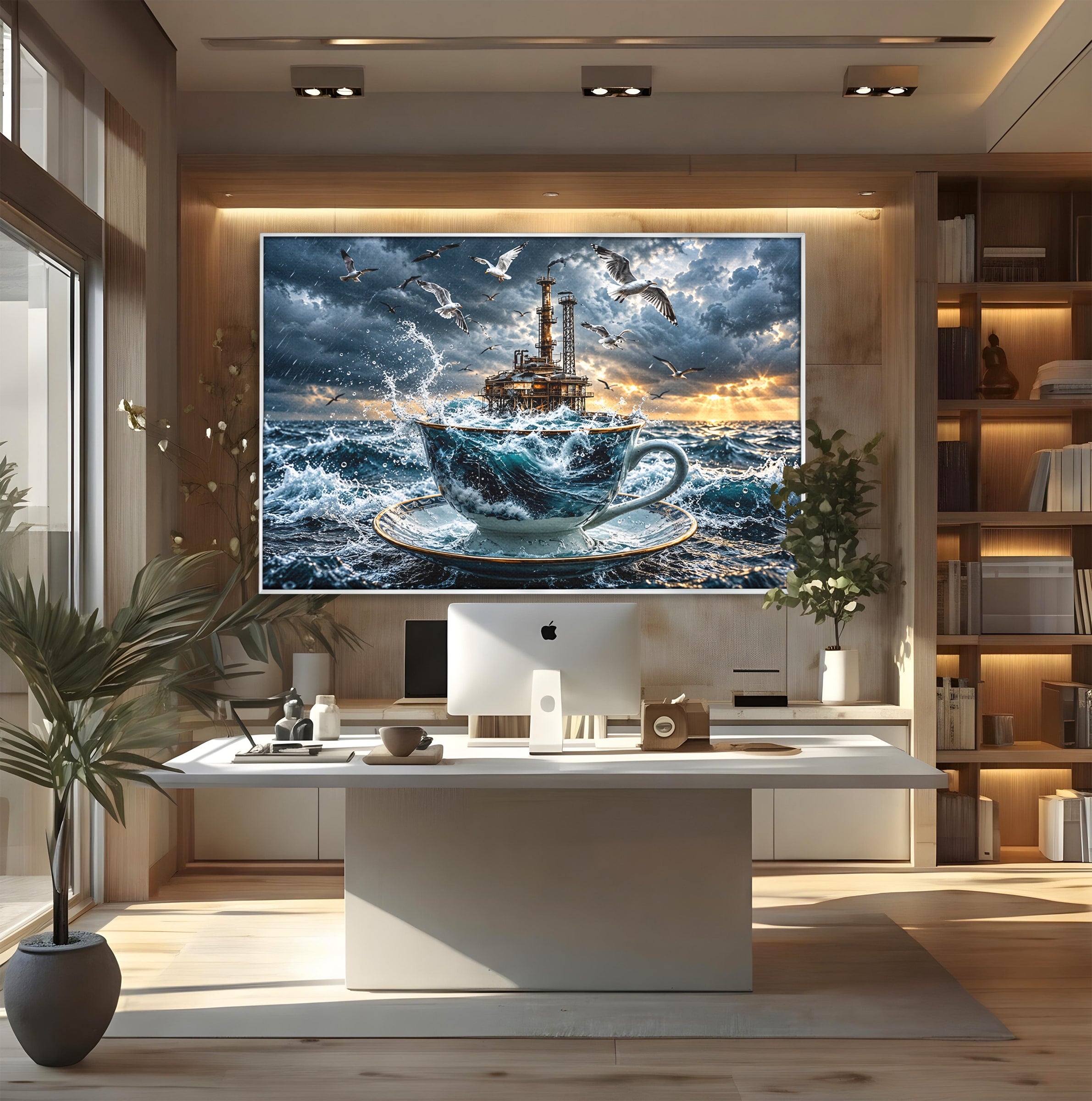 Tablou Canvas Premium LuxCanva® U1212, Furtuna In Ceasca, Mare, Pescarusi, Furtuna, Ceasca, Birou, Culori Vibrante