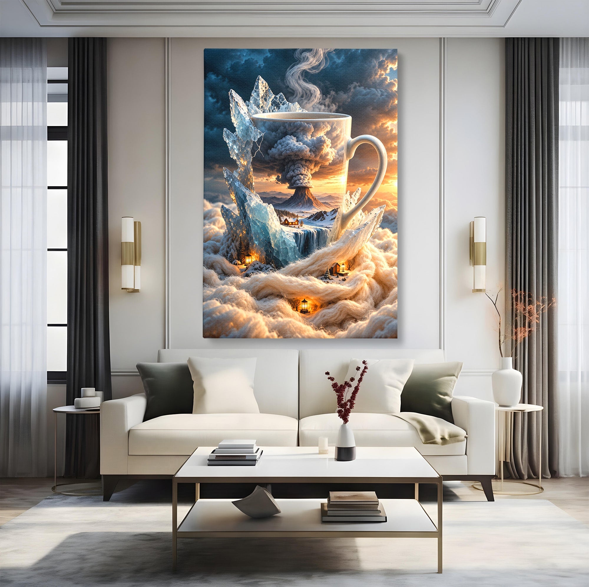 Tablou Canvas Premium LuxCanva® U1213, Cana Magica Cu Vulcan, Peisaj, Fantezie, Dormitor, Cana, Vulcan, Culori Vibrante