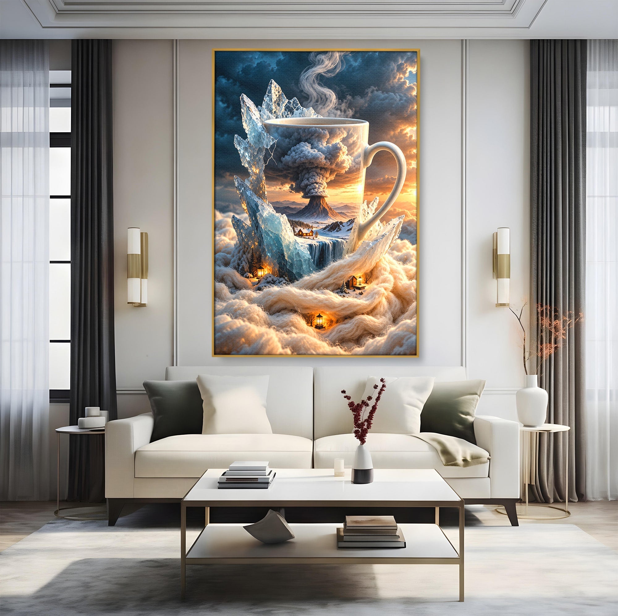 Tablou Canvas Premium LuxCanva® U1213, Cana Magica Cu Vulcan, Peisaj, Fantezie, Dormitor, Cana, Vulcan, Culori Vibrante