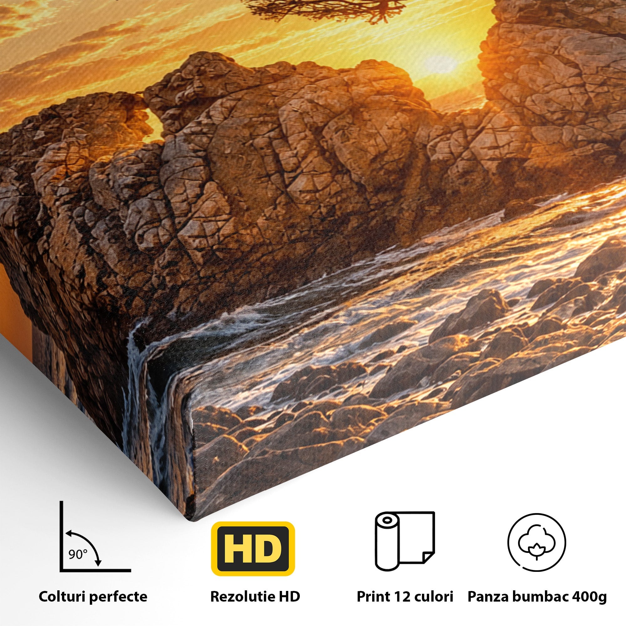 Tablou Canvas Premium LuxCanva® U1216, Apus Peste Stanci, Apus, Mare, Stanci, Copac, Living, Culori Vibrante