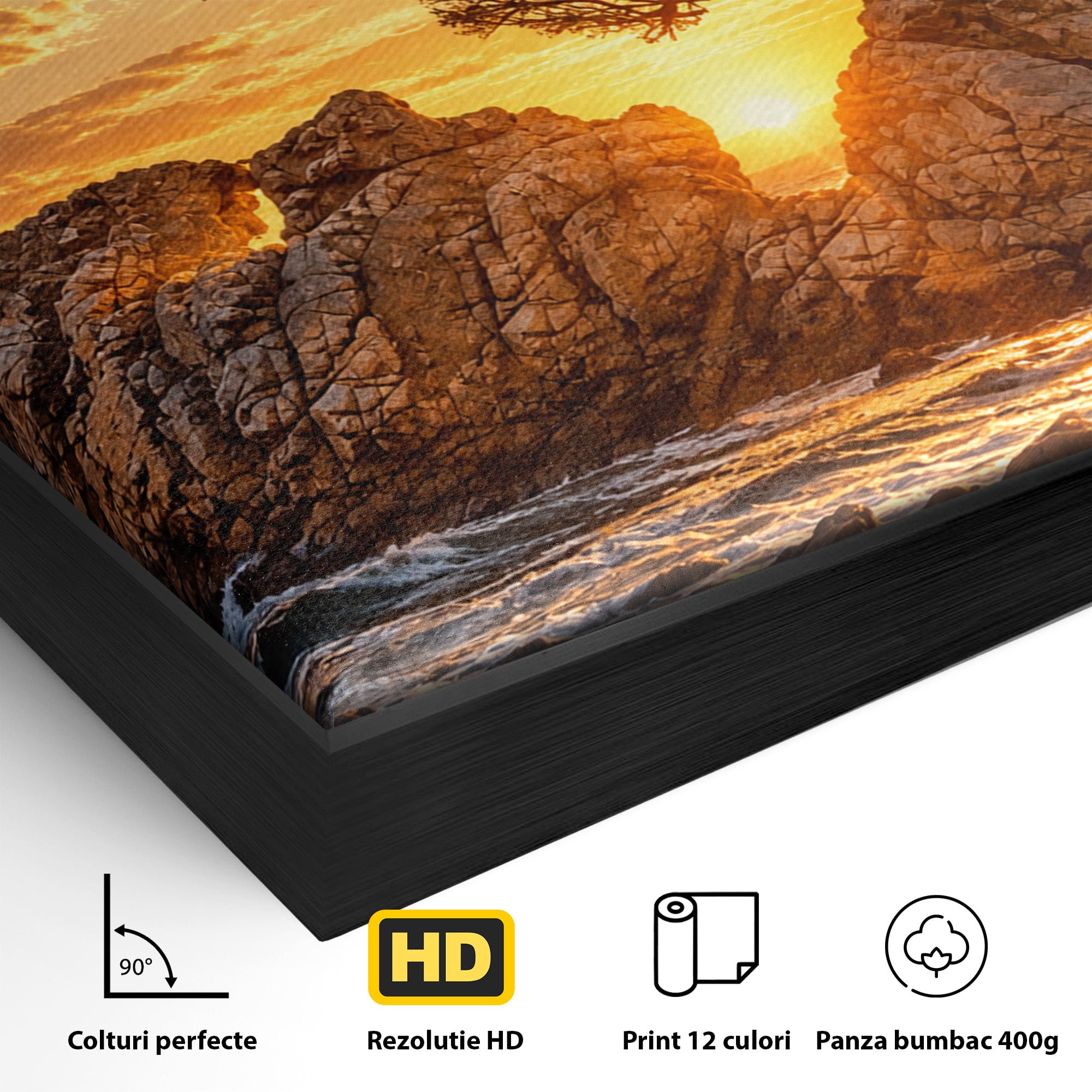 Tablou Canvas Premium LuxCanva® U1216, Apus Peste Stanci, Apus, Mare, Stanci, Copac, Living, Culori Vibrante