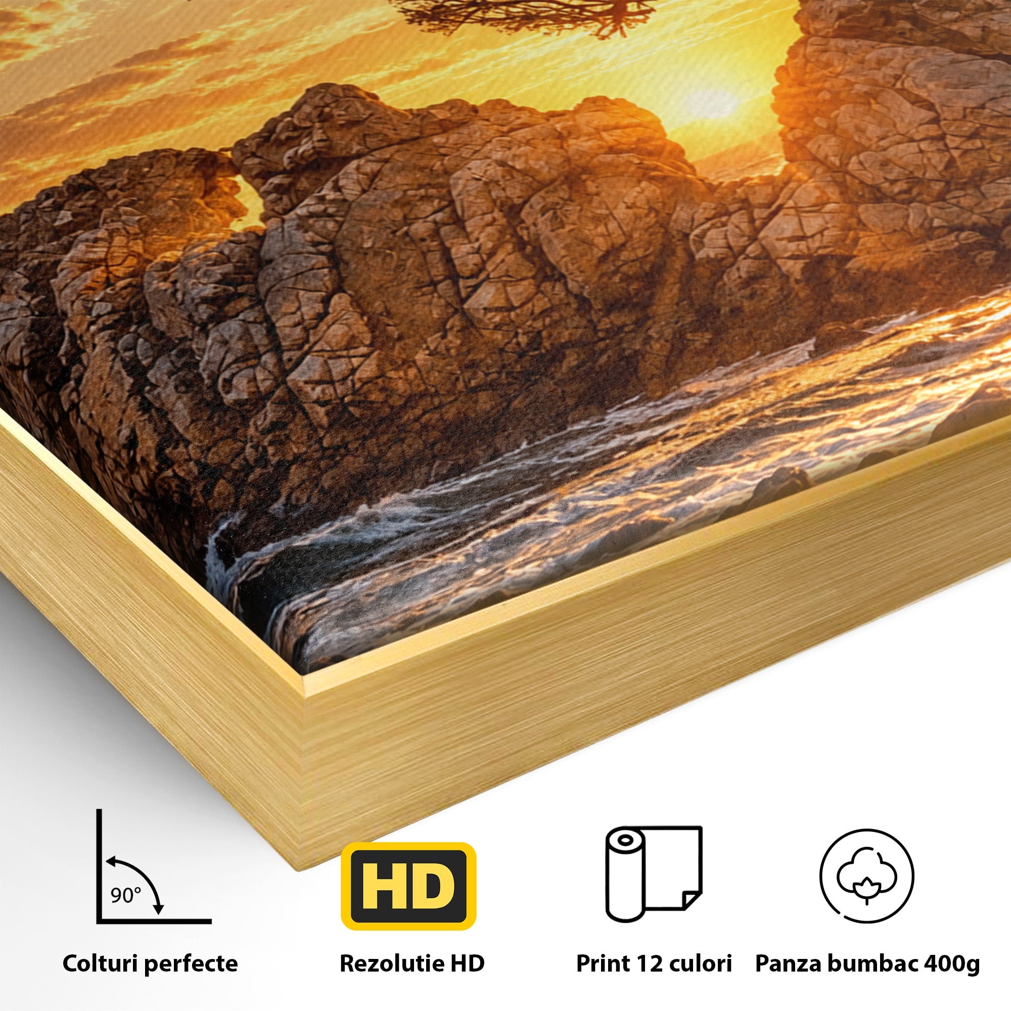 Tablou Canvas Premium LuxCanva® U1216, Apus Peste Stanci, Apus, Mare, Stanci, Copac, Living, Culori Vibrante