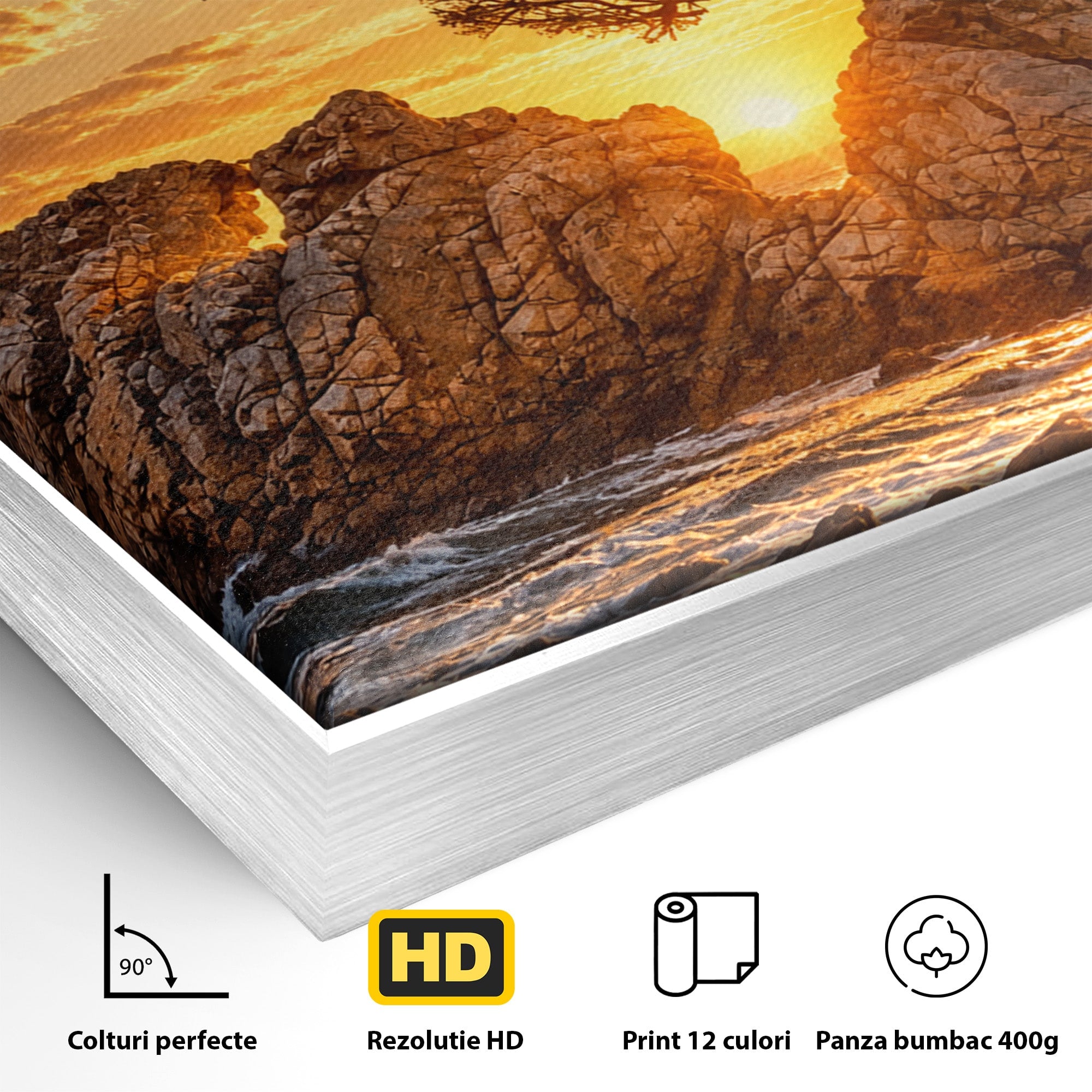 Tablou Canvas Premium LuxCanva® U1216, Apus Peste Stanci, Apus, Mare, Stanci, Copac, Living, Culori Vibrante