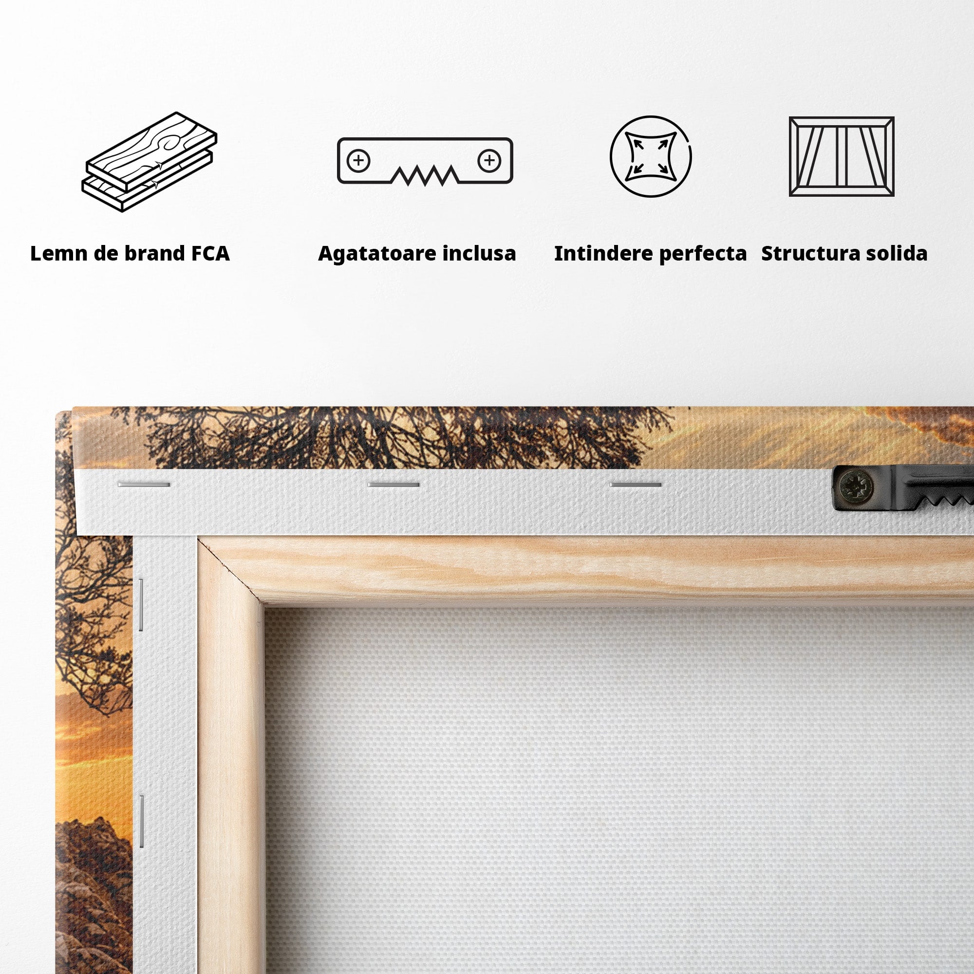 Tablou Canvas Premium LuxCanva® U1216, Apus Peste Stanci, Apus, Mare, Stanci, Copac, Living, Culori Vibrante