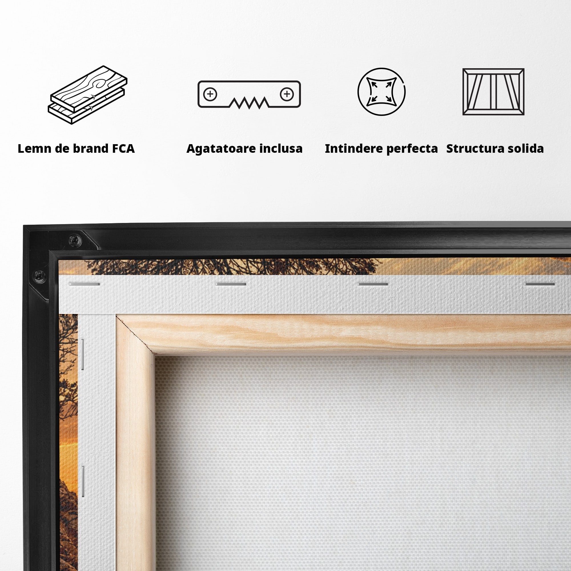 Tablou Canvas Premium LuxCanva® U1216, Apus Peste Stanci, Apus, Mare, Stanci, Copac, Living, Culori Vibrante