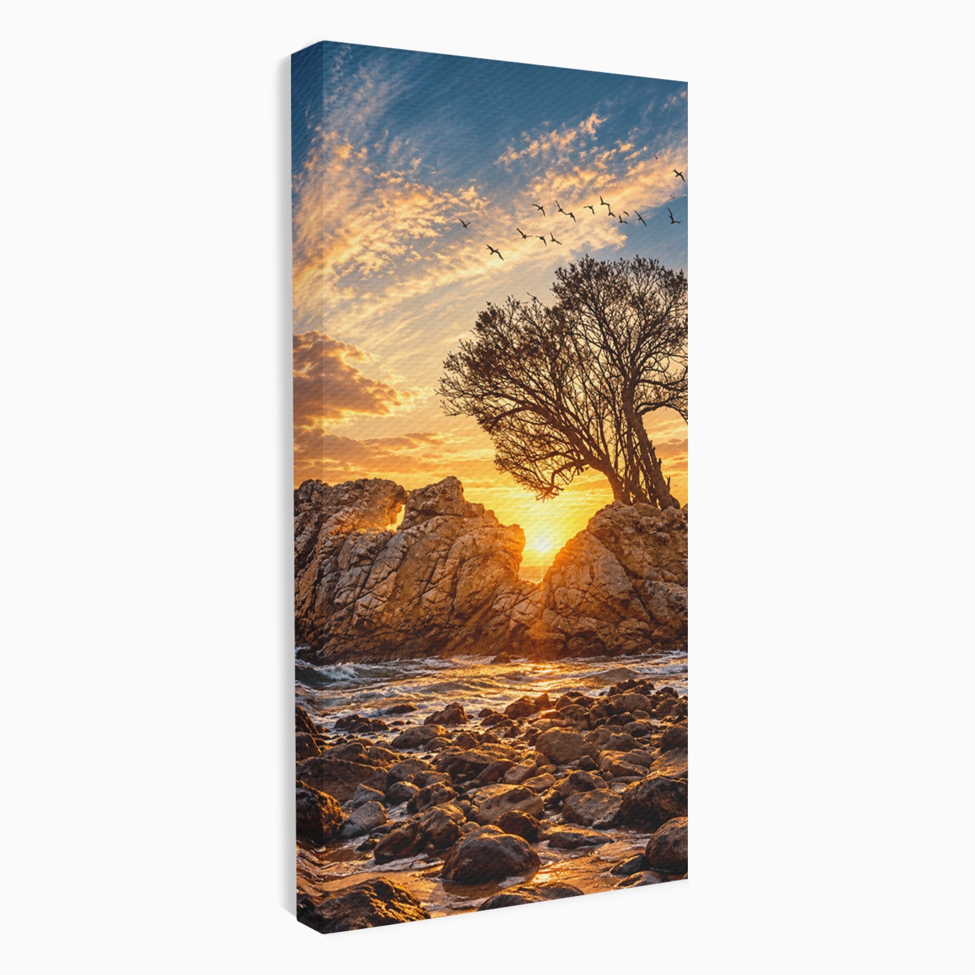 Tablou Canvas Premium LuxCanva® U1216, Apus Peste Stanci, Apus, Mare, Stanci, Copac, Living, Culori Vibrante