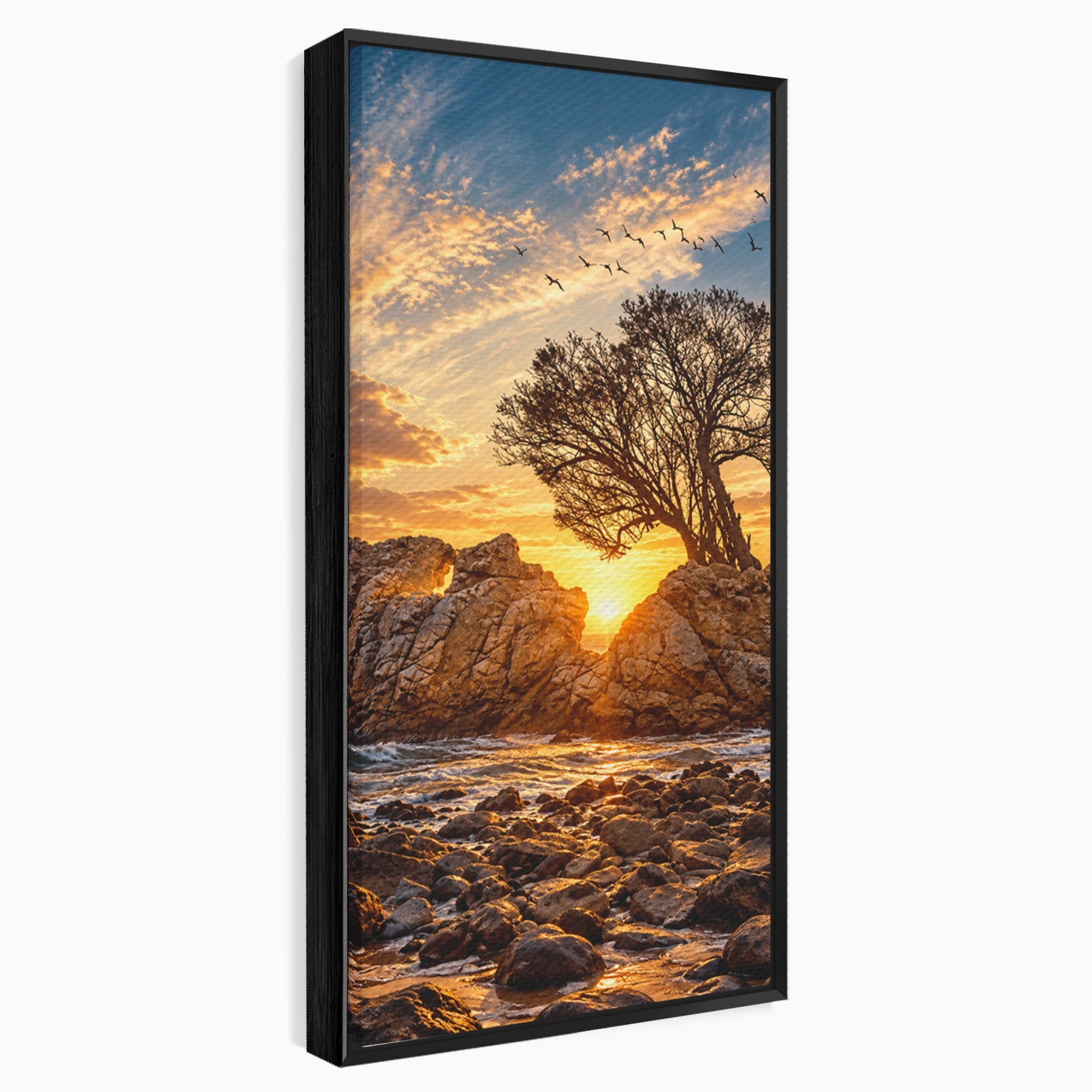 Tablou Canvas Premium LuxCanva® U1216, Apus Peste Stanci, Apus, Mare, Stanci, Copac, Living, Culori Vibrante