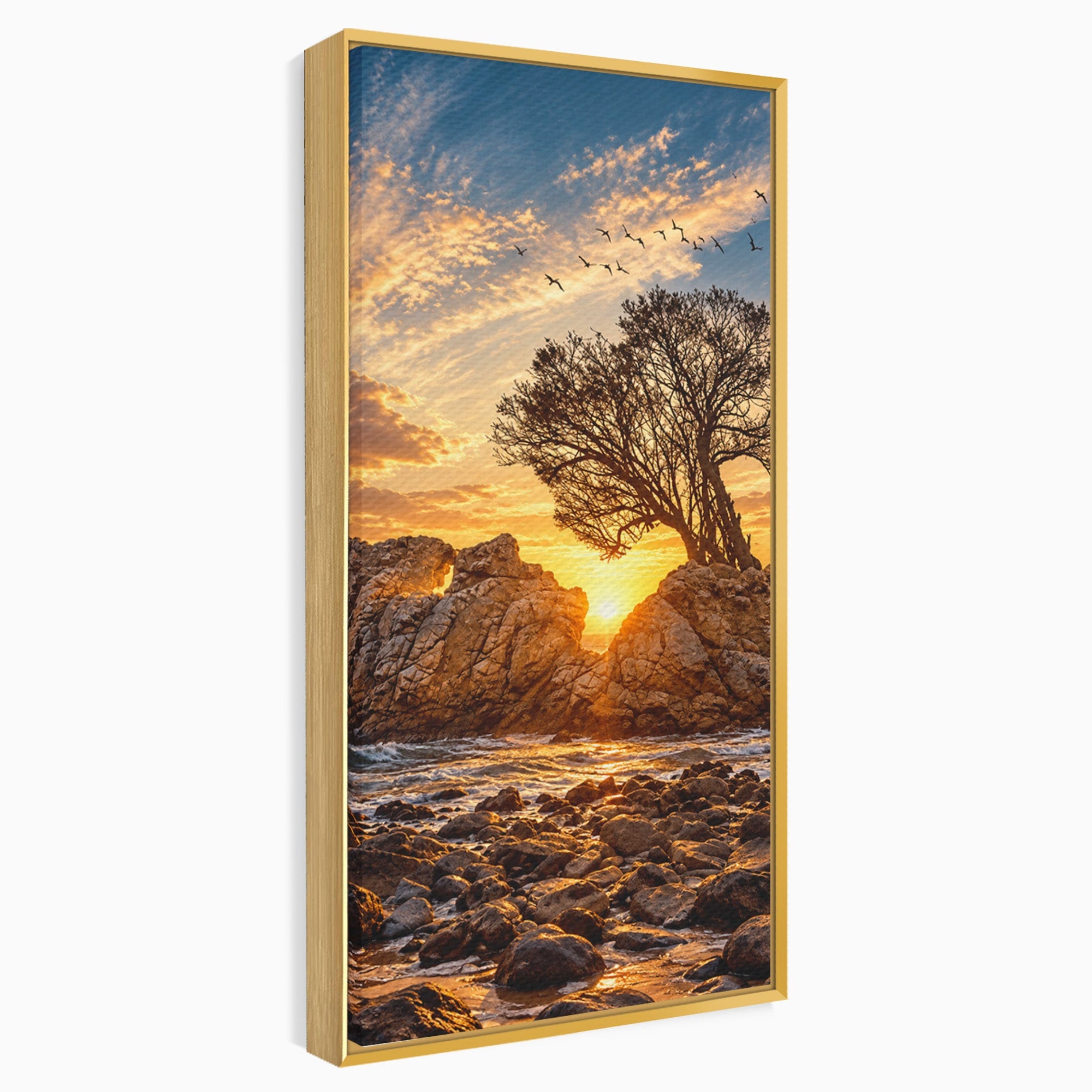 Tablou Canvas Premium LuxCanva® U1216, Apus Peste Stanci, Apus, Mare, Stanci, Copac, Living, Culori Vibrante