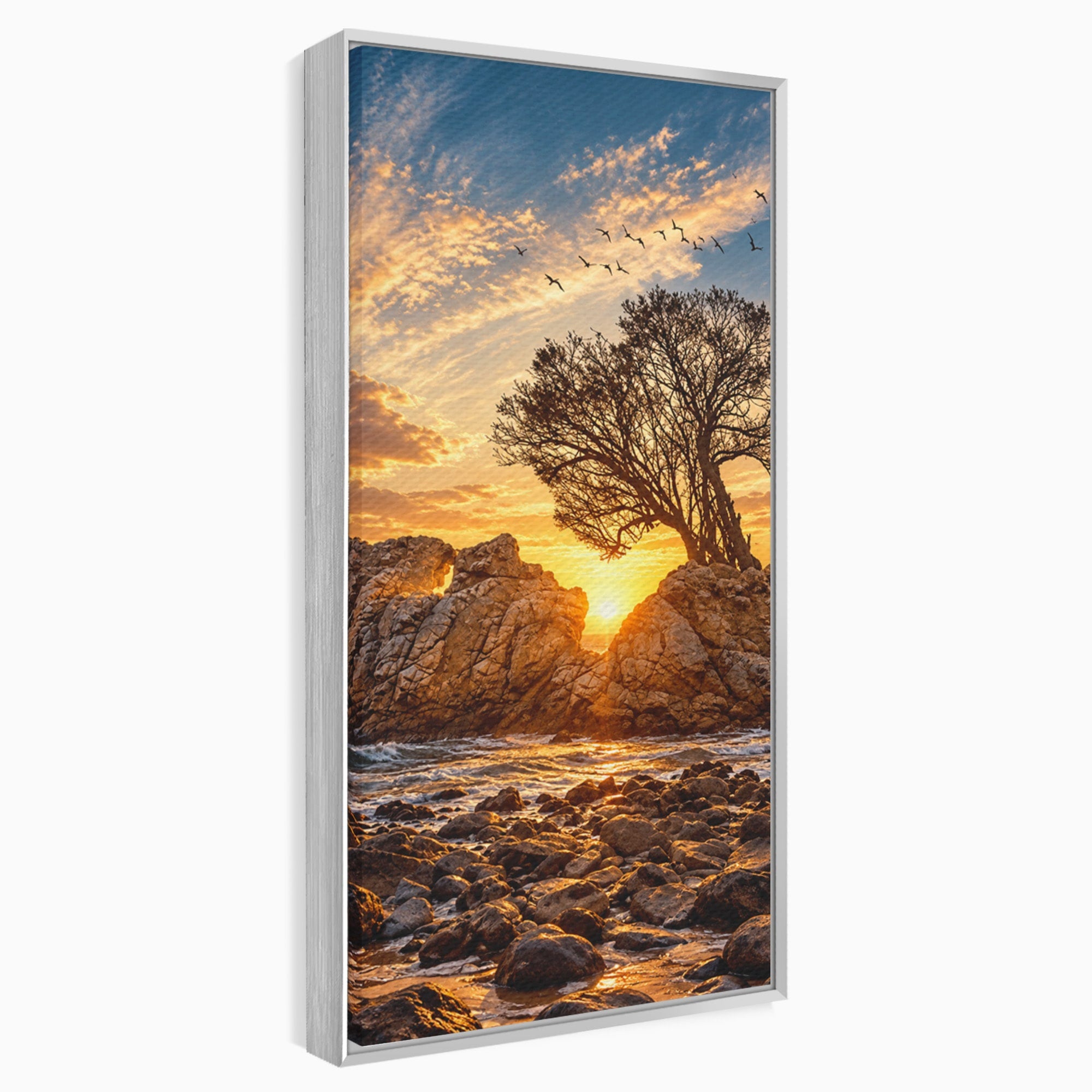 Tablou Canvas Premium LuxCanva® U1216, Apus Peste Stanci, Apus, Mare, Stanci, Copac, Living, Culori Vibrante
