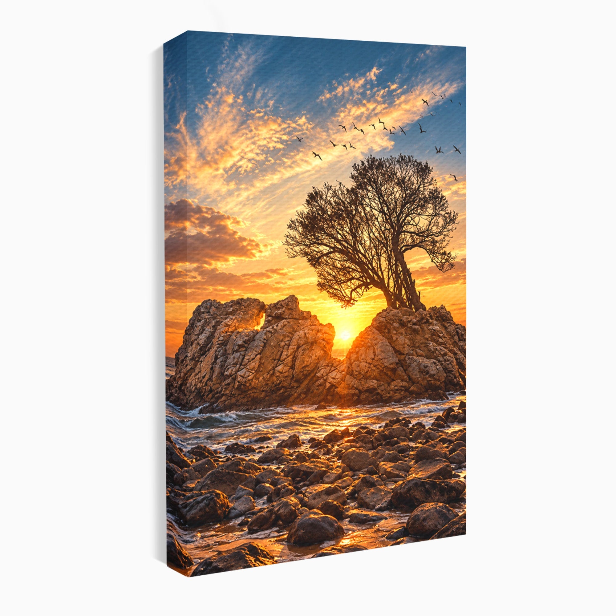 Tablou Canvas Premium LuxCanva® U1216, Apus Peste Stanci, Apus, Mare, Stanci, Copac, Living, Culori Vibrante