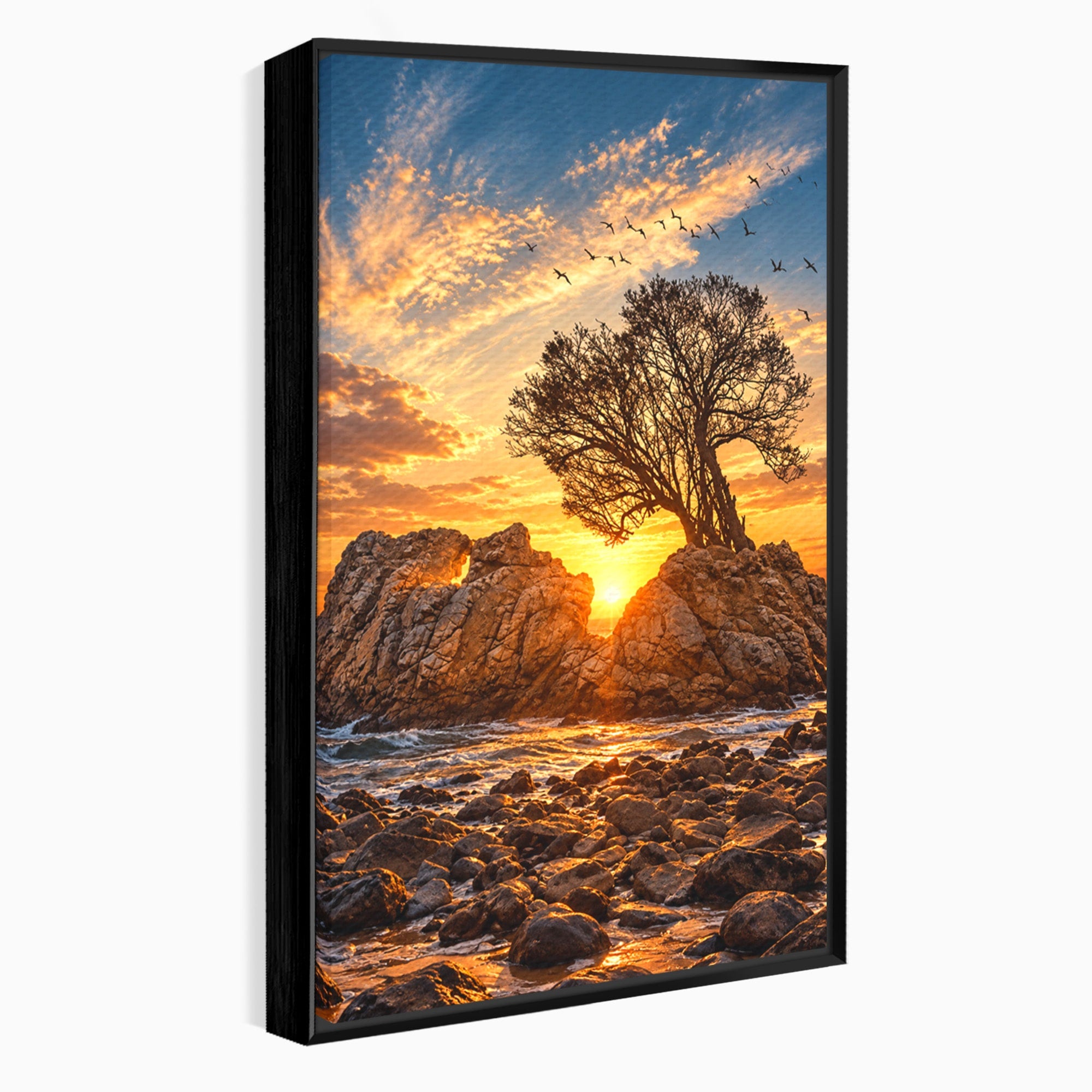 Tablou Canvas Premium LuxCanva® U1216, Apus Peste Stanci, Apus, Mare, Stanci, Copac, Living, Culori Vibrante