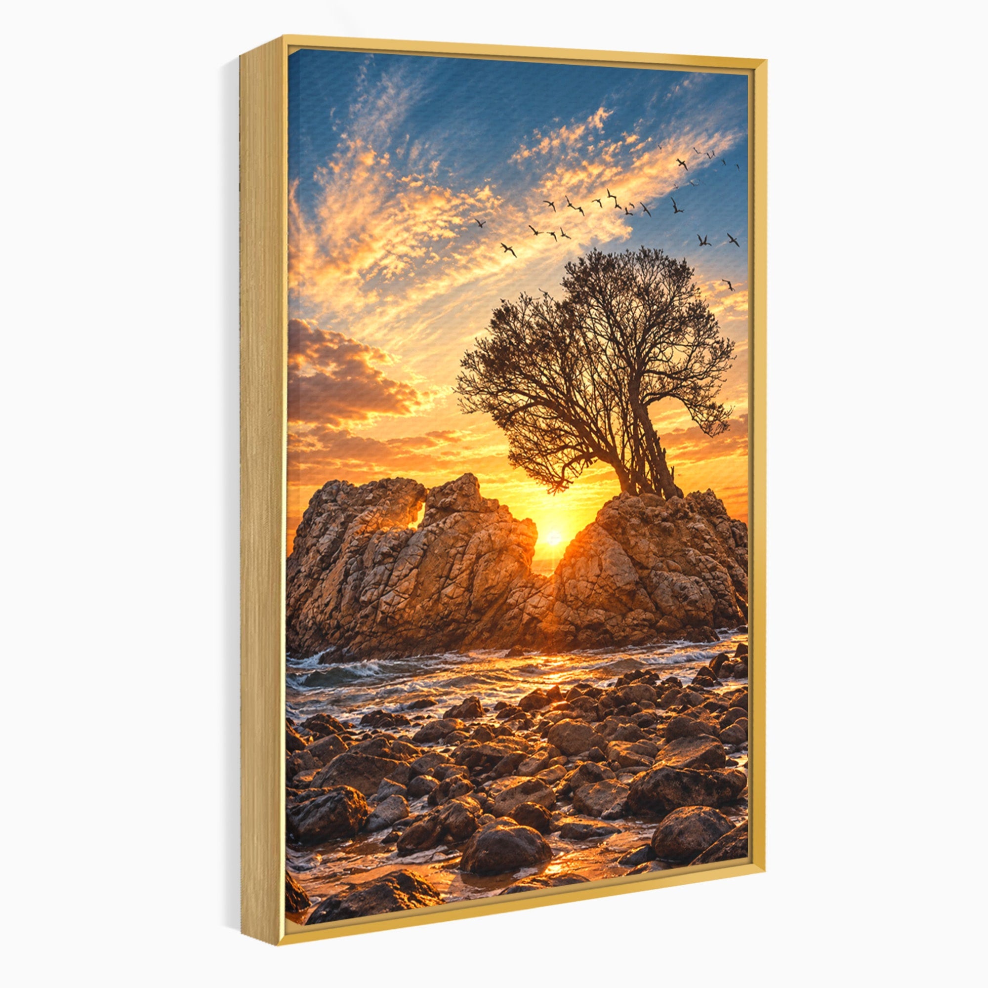 Tablou Canvas Premium LuxCanva® U1216, Apus Peste Stanci, Apus, Mare, Stanci, Copac, Living, Culori Vibrante