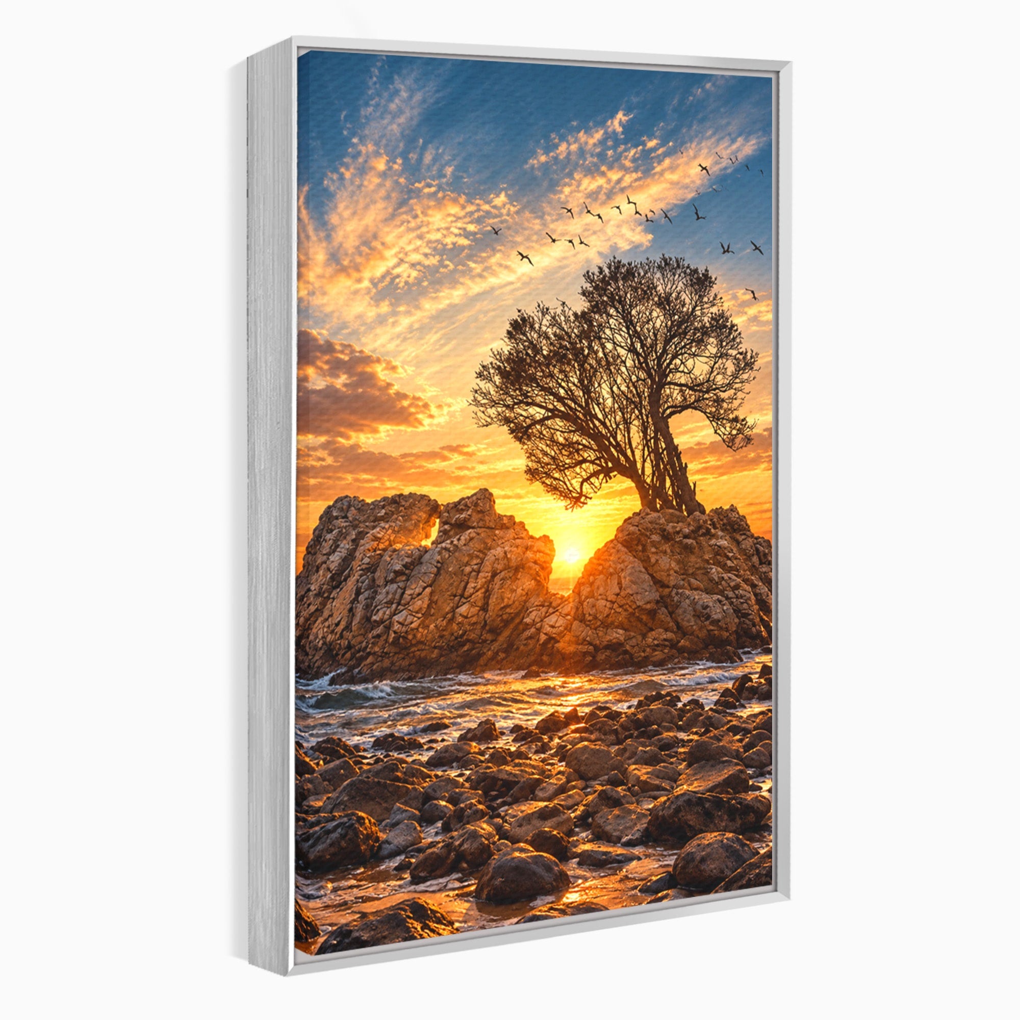 Tablou Canvas Premium LuxCanva® U1216, Apus Peste Stanci, Apus, Mare, Stanci, Copac, Living, Culori Vibrante