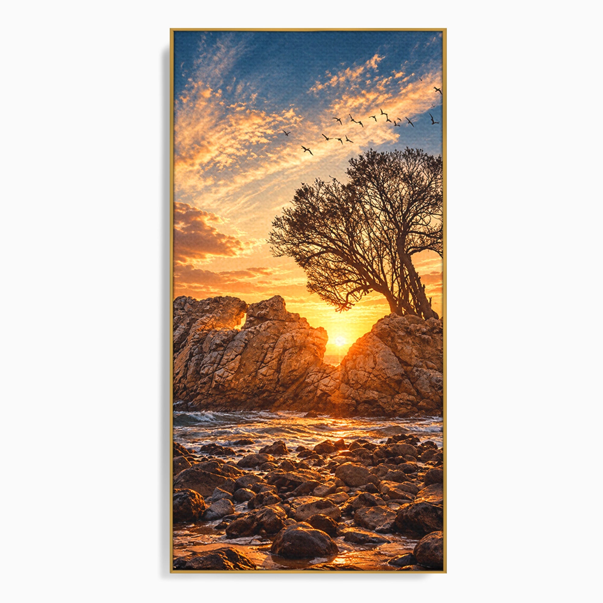 Tablou Canvas Premium LuxCanva® U1216, Apus Peste Stanci, Apus, Mare, Stanci, Copac, Living, Culori Vibrante