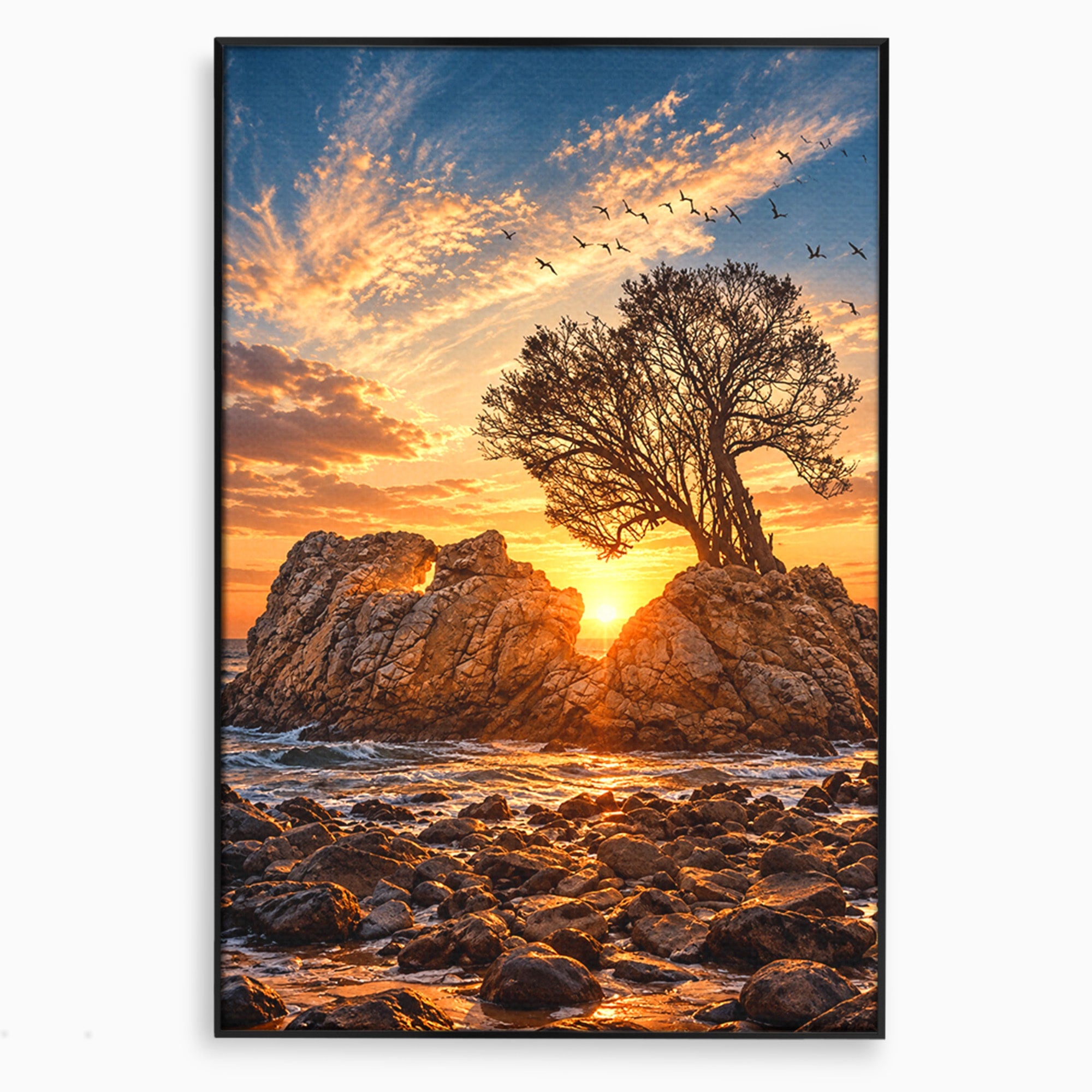 Tablou Canvas Premium LuxCanva® U1216, Apus Peste Stanci, Apus, Mare, Stanci, Copac, Living, Culori Vibrante