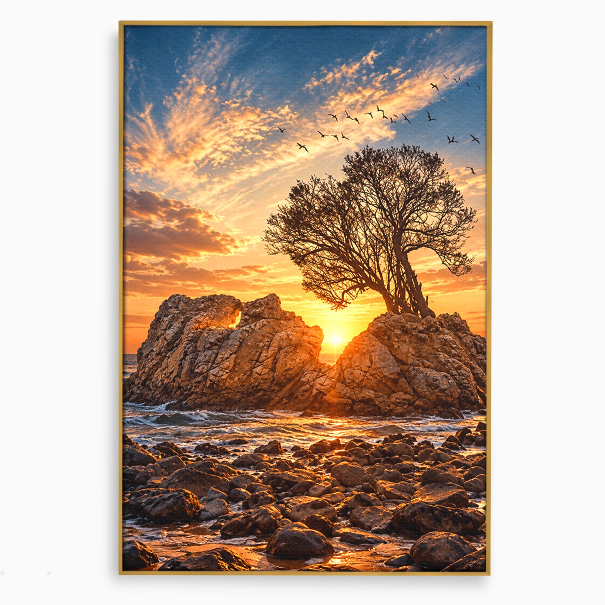 Tablou Canvas Premium LuxCanva® U1216, Apus Peste Stanci, Apus, Mare, Stanci, Copac, Living, Culori Vibrante