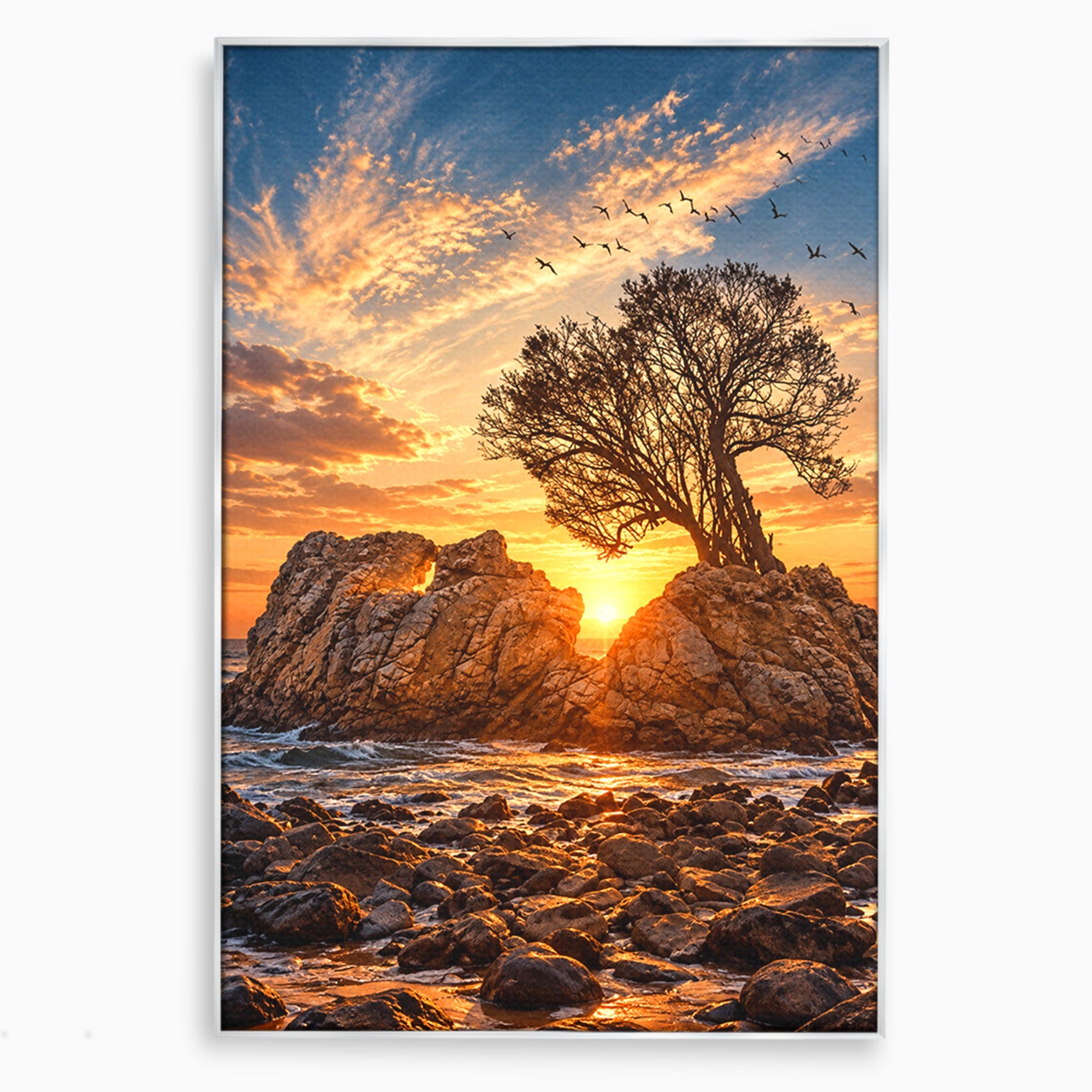 Tablou Canvas Premium LuxCanva® U1216, Apus Peste Stanci, Apus, Mare, Stanci, Copac, Living, Culori Vibrante