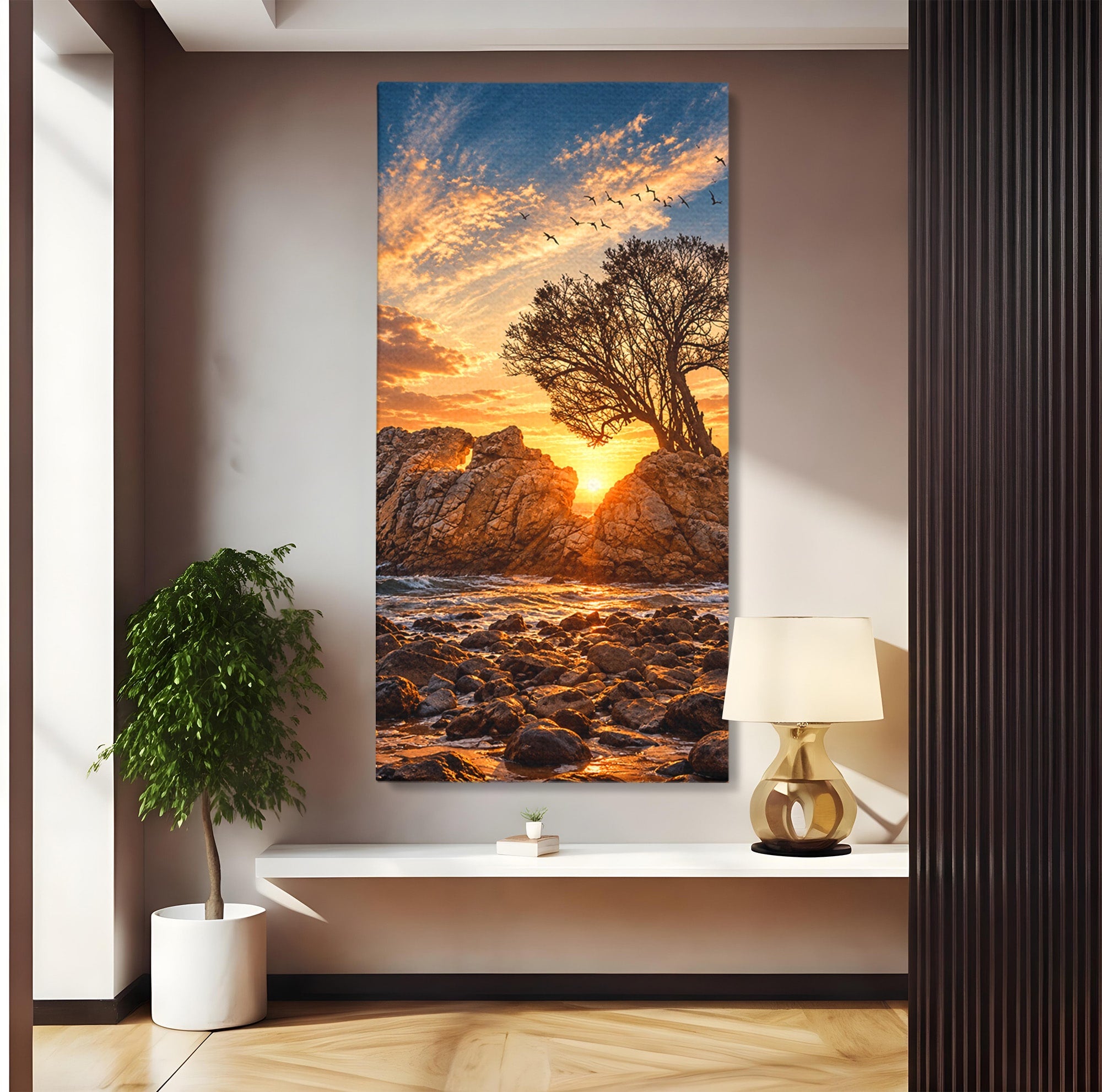 Tablou Canvas Premium LuxCanva® U1216, Apus Peste Stanci, Apus, Mare, Stanci, Copac, Living, Culori Vibrante