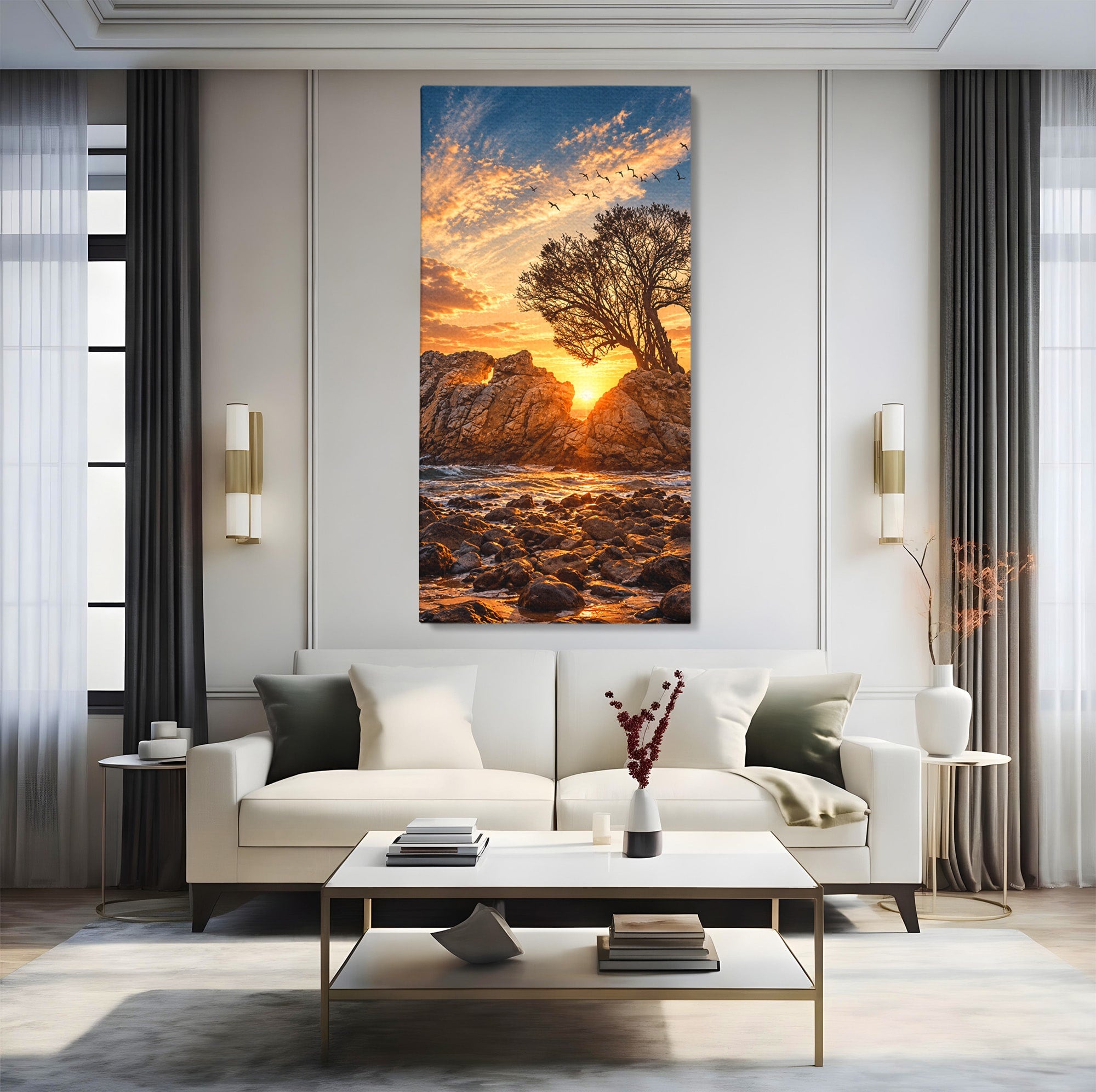 Tablou Canvas Premium LuxCanva® U1216, Apus Peste Stanci, Apus, Mare, Stanci, Copac, Living, Culori Vibrante