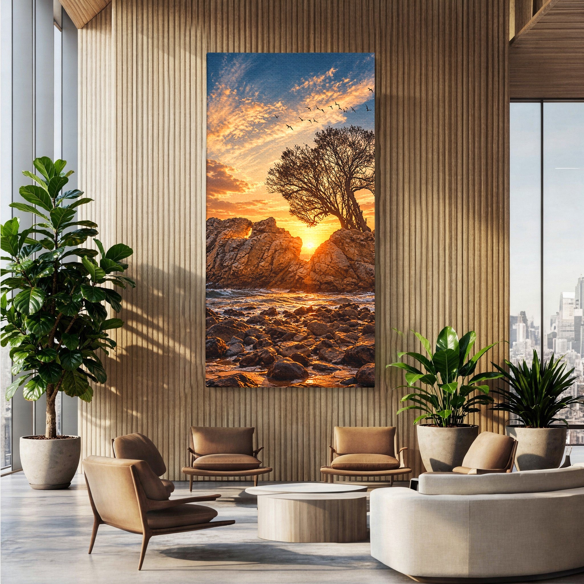 Tablou Canvas Premium LuxCanva® U1216, Apus Peste Stanci, Apus, Mare, Stanci, Copac, Living, Culori Vibrante