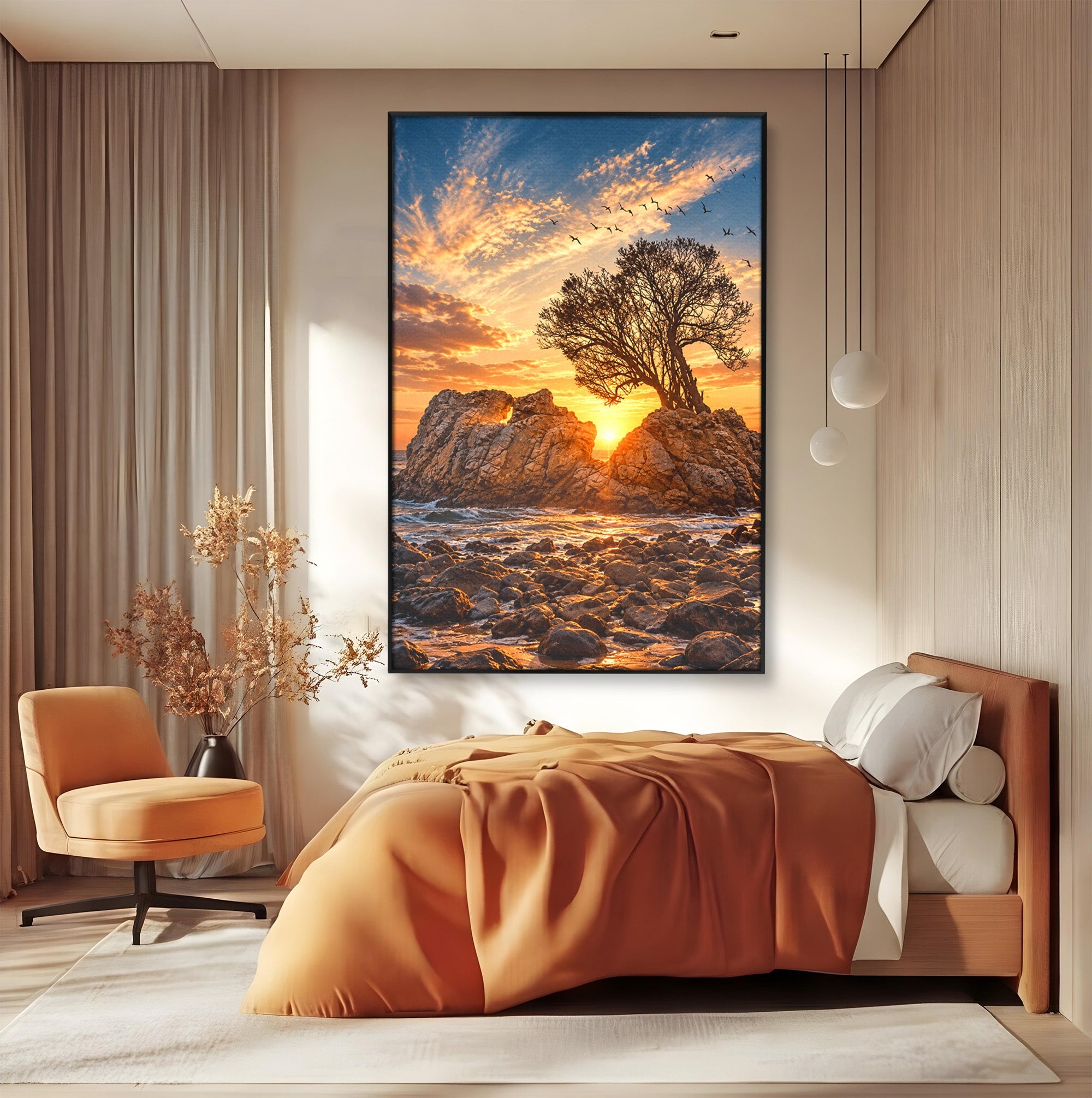 Tablou Canvas Premium LuxCanva® U1216, Apus Peste Stanci, Apus, Mare, Stanci, Copac, Living, Culori Vibrante