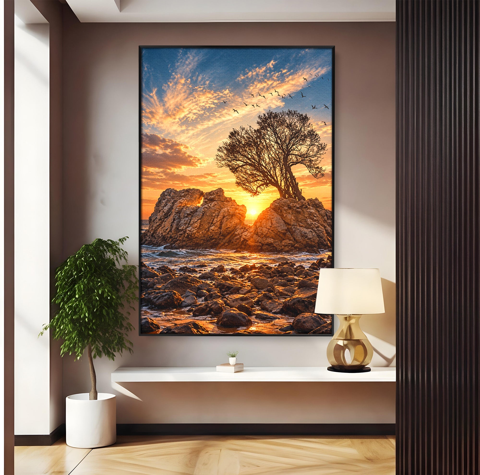 Tablou Canvas Premium LuxCanva® U1216, Apus Peste Stanci, Apus, Mare, Stanci, Copac, Living, Culori Vibrante