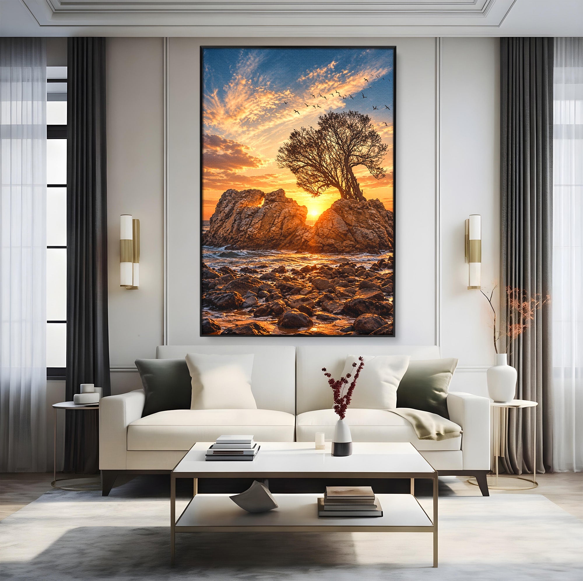 Tablou Canvas Premium LuxCanva® U1216, Apus Peste Stanci, Apus, Mare, Stanci, Copac, Living, Culori Vibrante