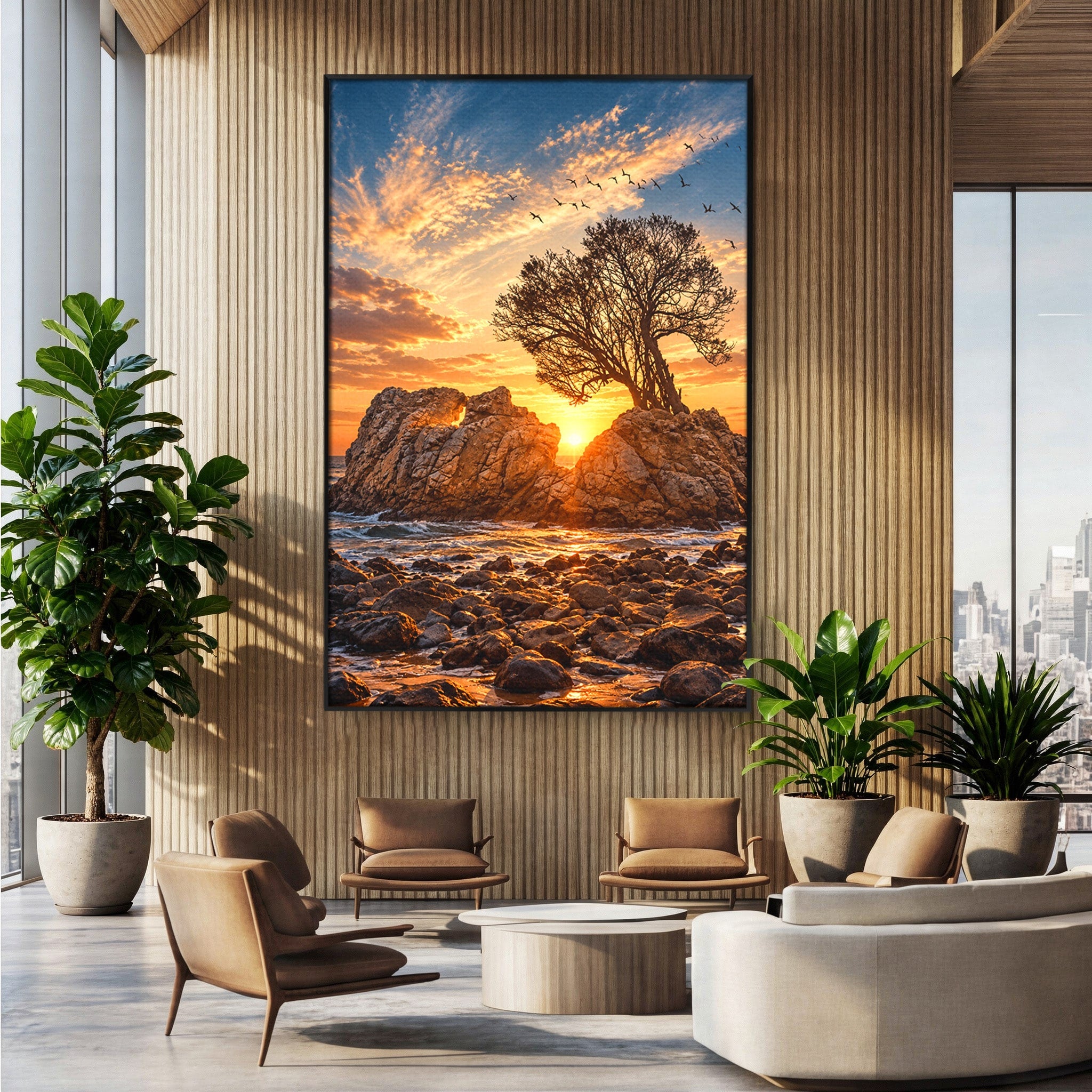Tablou Canvas Premium LuxCanva® U1216, Apus Peste Stanci, Apus, Mare, Stanci, Copac, Living, Culori Vibrante