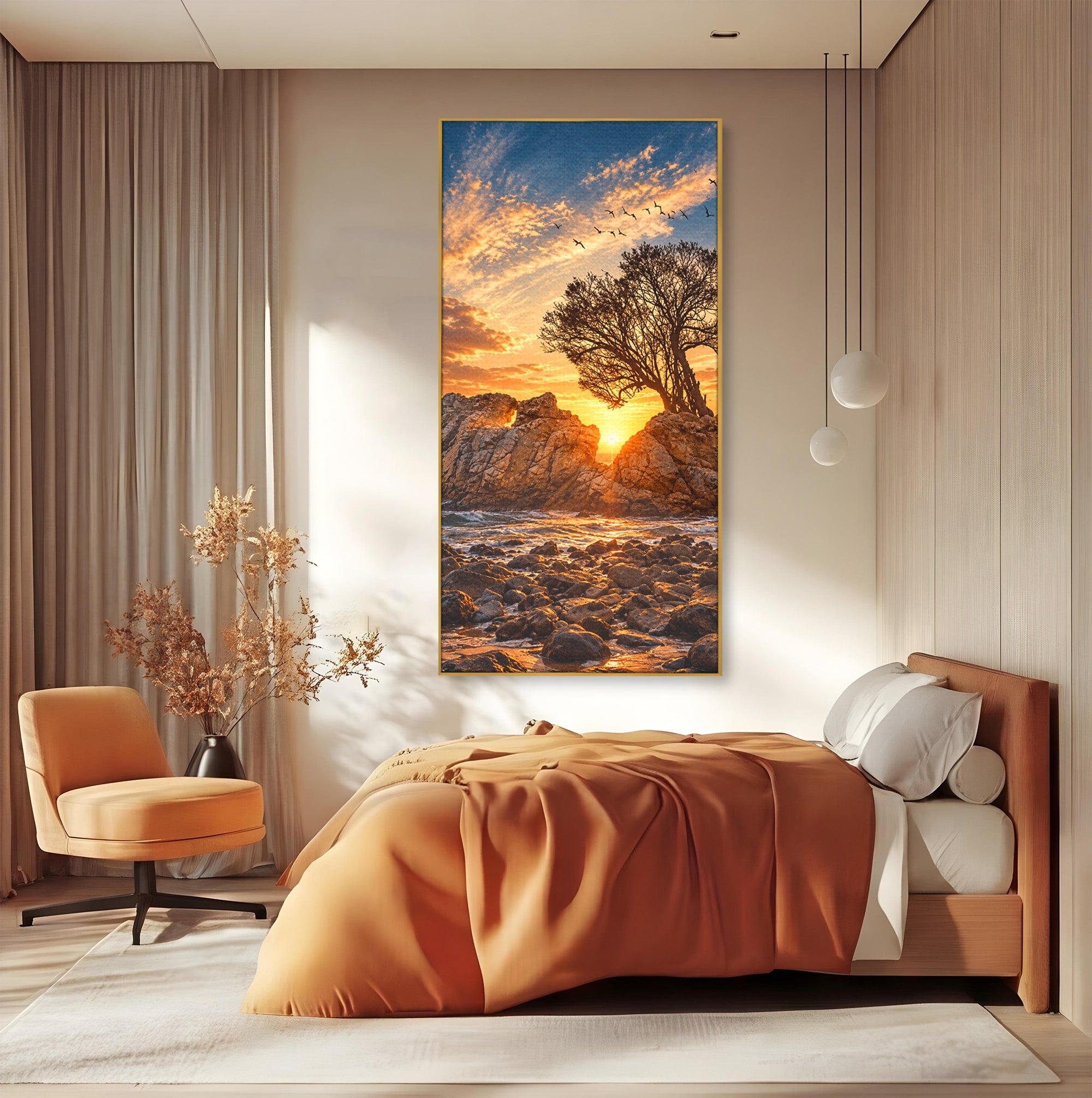 Tablou Canvas Premium LuxCanva® U1216, Apus Peste Stanci, Apus, Mare, Stanci, Copac, Living, Culori Vibrante