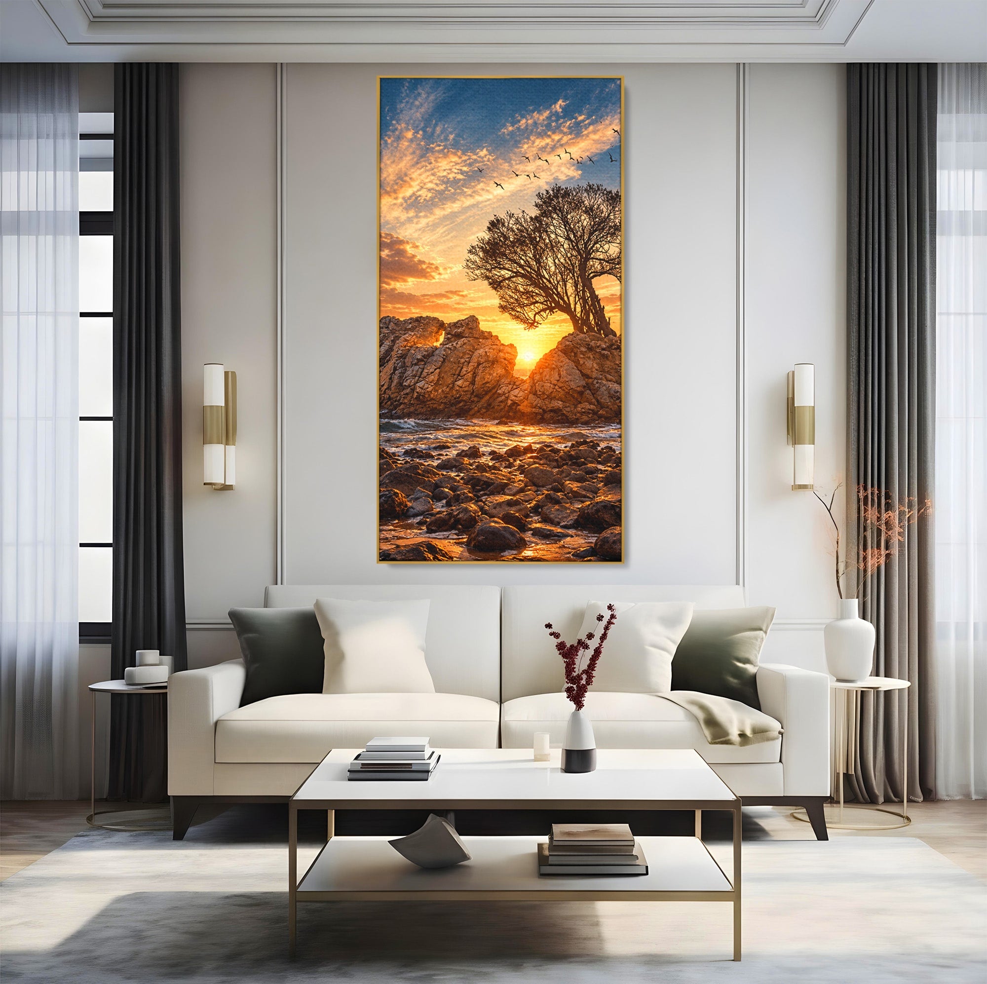 Tablou Canvas Premium LuxCanva® U1216, Apus Peste Stanci, Apus, Mare, Stanci, Copac, Living, Culori Vibrante