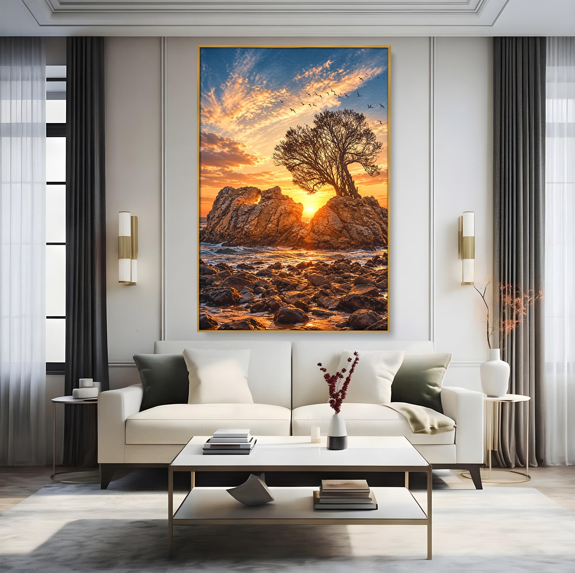 Tablou Canvas Premium LuxCanva® U1216, Apus Peste Stanci, Apus, Mare, Stanci, Copac, Living, Culori Vibrante