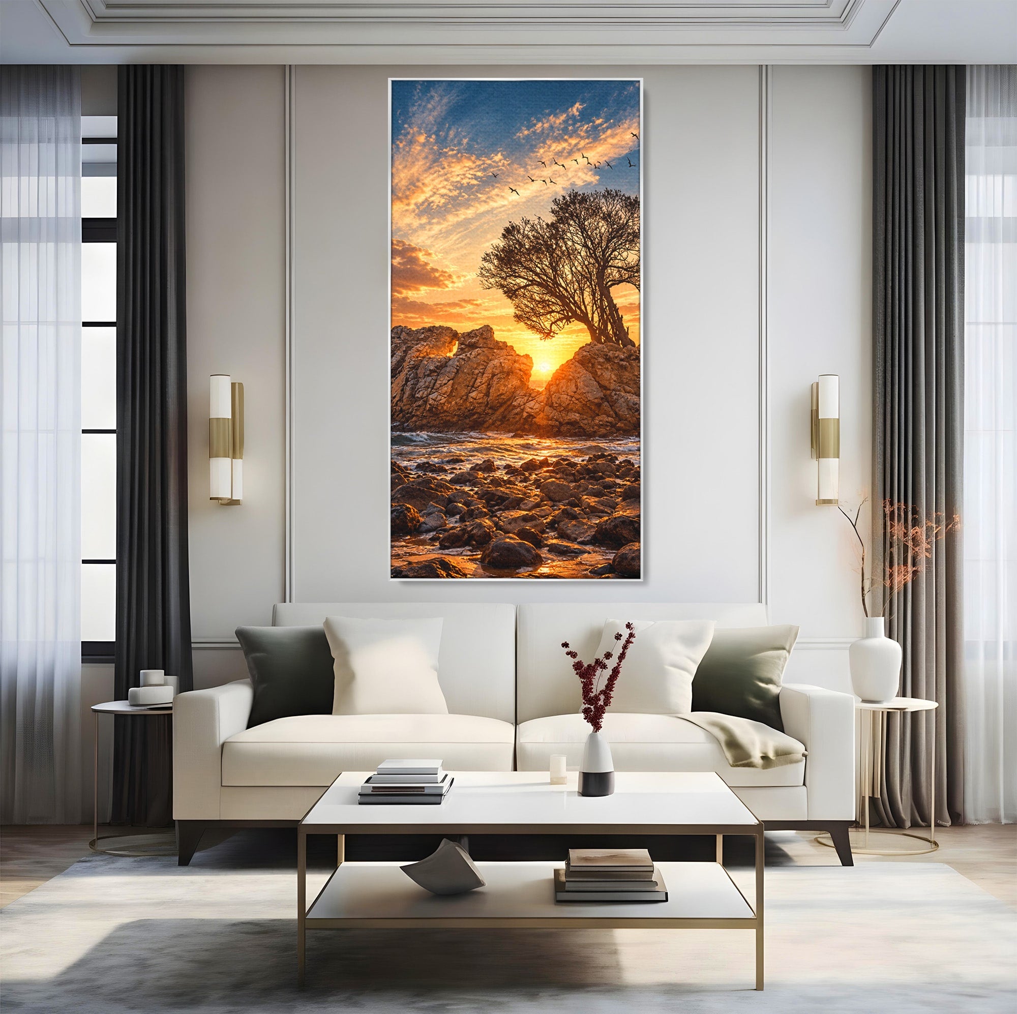 Tablou Canvas Premium LuxCanva® U1216, Apus Peste Stanci, Apus, Mare, Stanci, Copac, Living, Culori Vibrante