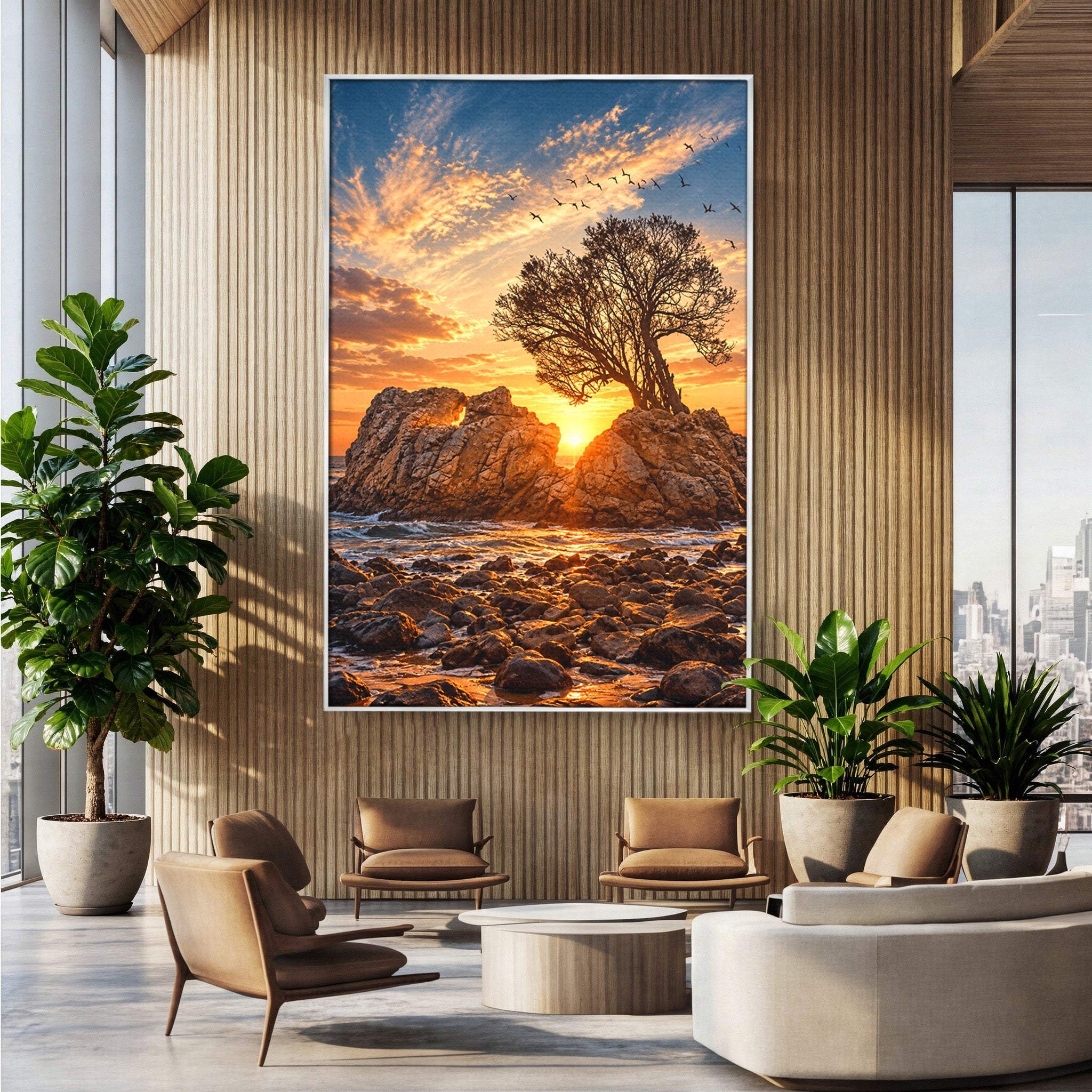 Tablou Canvas Premium LuxCanva® U1216, Apus Peste Stanci, Apus, Mare, Stanci, Copac, Living, Culori Vibrante