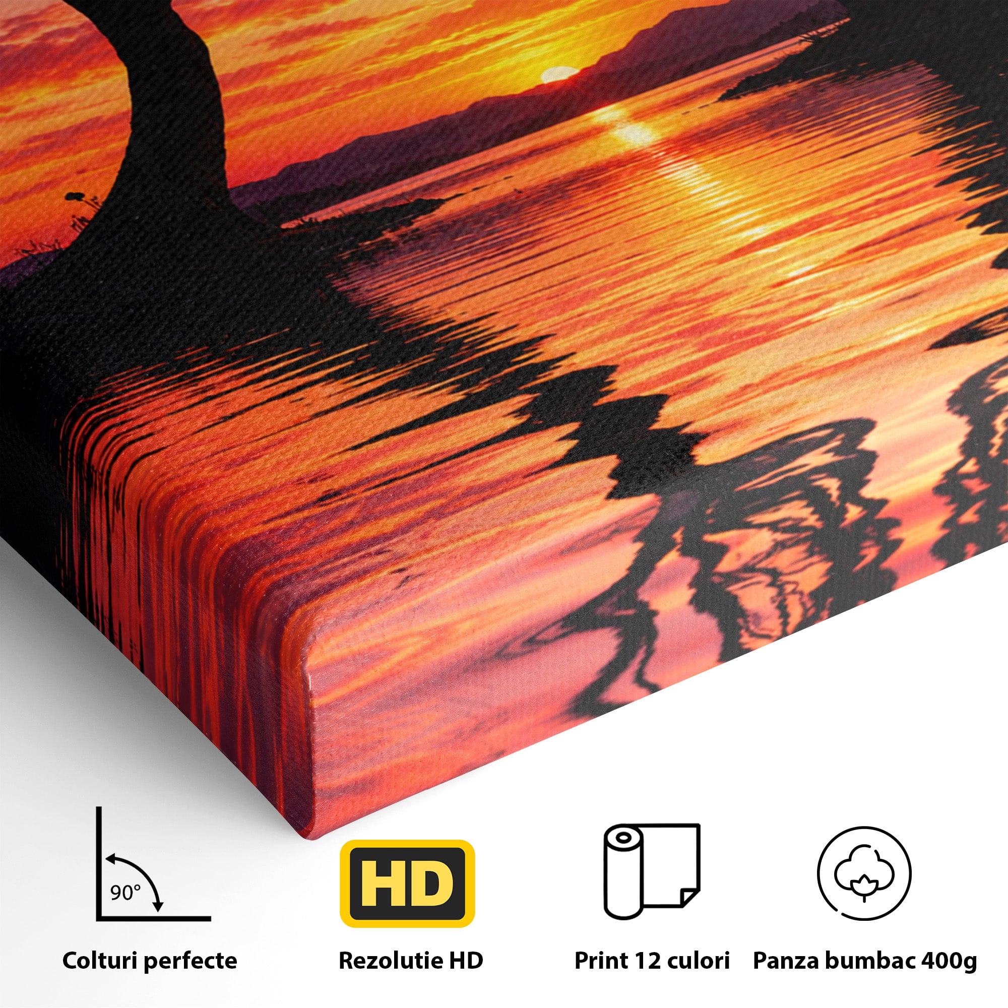 Tablou Canvas Premium LuxCanva® U1217, Siluete Sub Luna, Copaci, Apus, Reflexie, Iubire, Living, Culori Vibrante