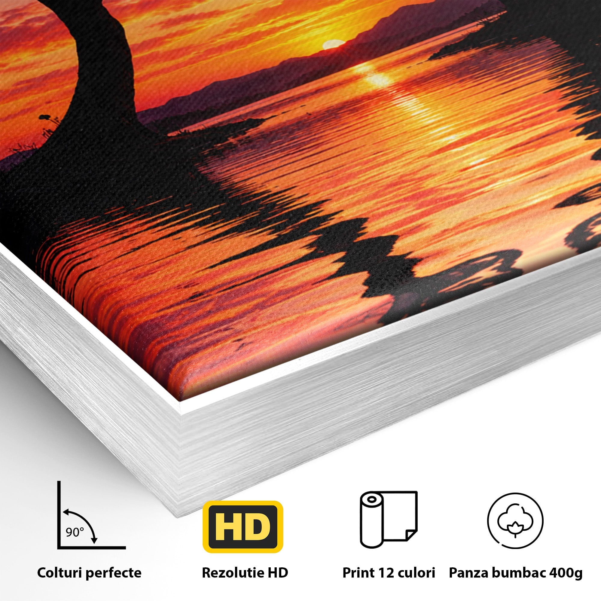 Tablou Canvas Premium LuxCanva® U1217, Siluete Sub Luna, Copaci, Apus, Reflexie, Iubire, Living, Culori Vibrante