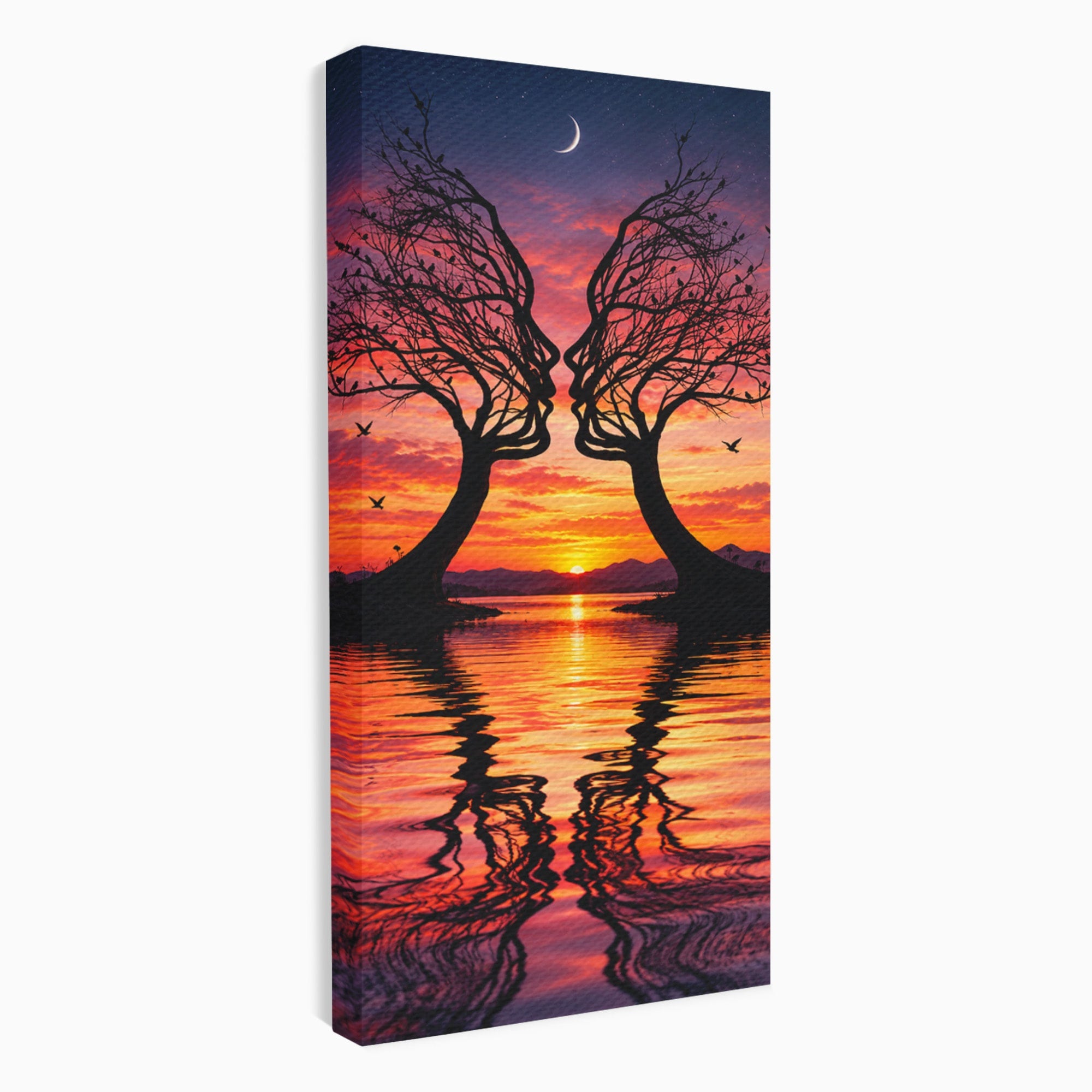 Tablou Canvas Premium LuxCanva® U1217, Siluete Sub Luna, Copaci, Apus, Reflexie, Iubire, Living, Culori Vibrante