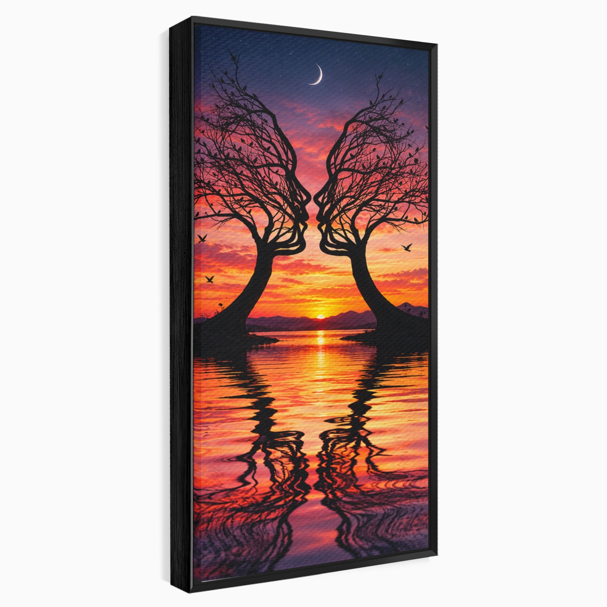 Tablou Canvas Premium LuxCanva® U1217, Siluete Sub Luna, Copaci, Apus, Reflexie, Iubire, Living, Culori Vibrante