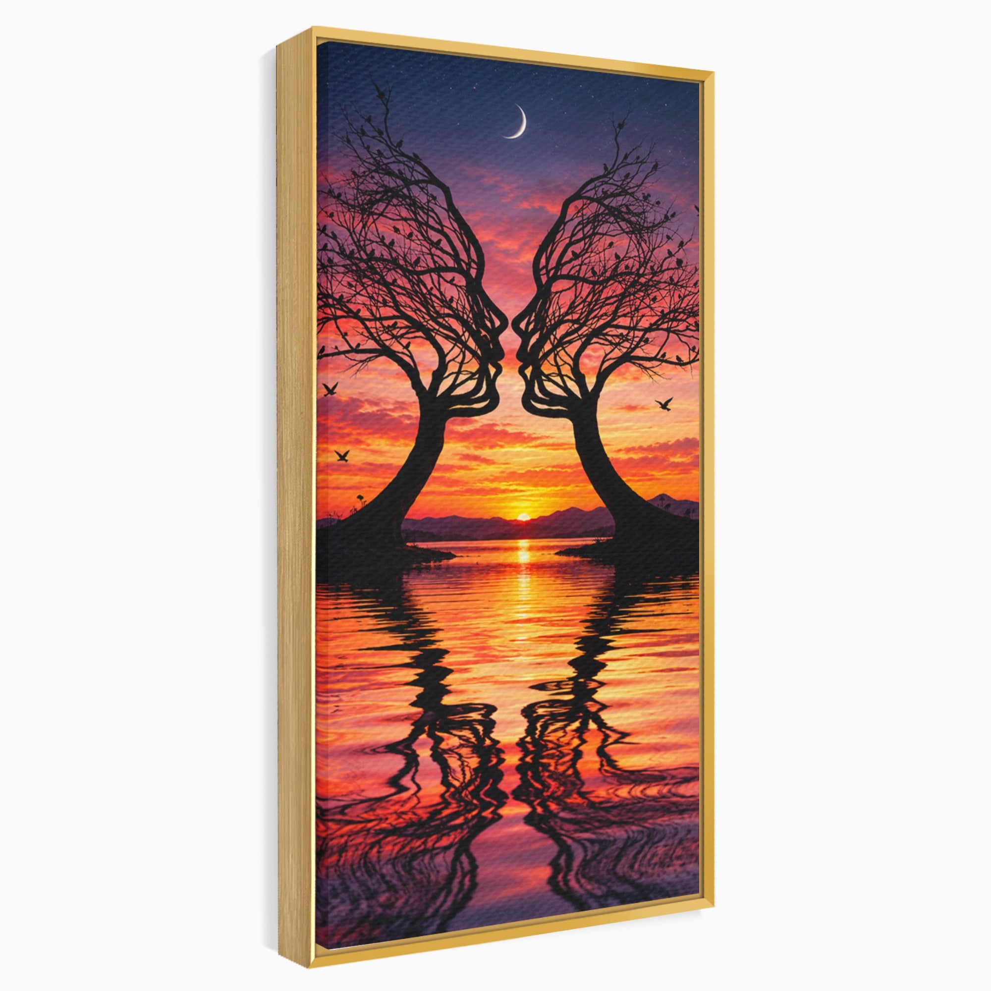 Tablou Canvas Premium LuxCanva® U1217, Siluete Sub Luna, Copaci, Apus, Reflexie, Iubire, Living, Culori Vibrante