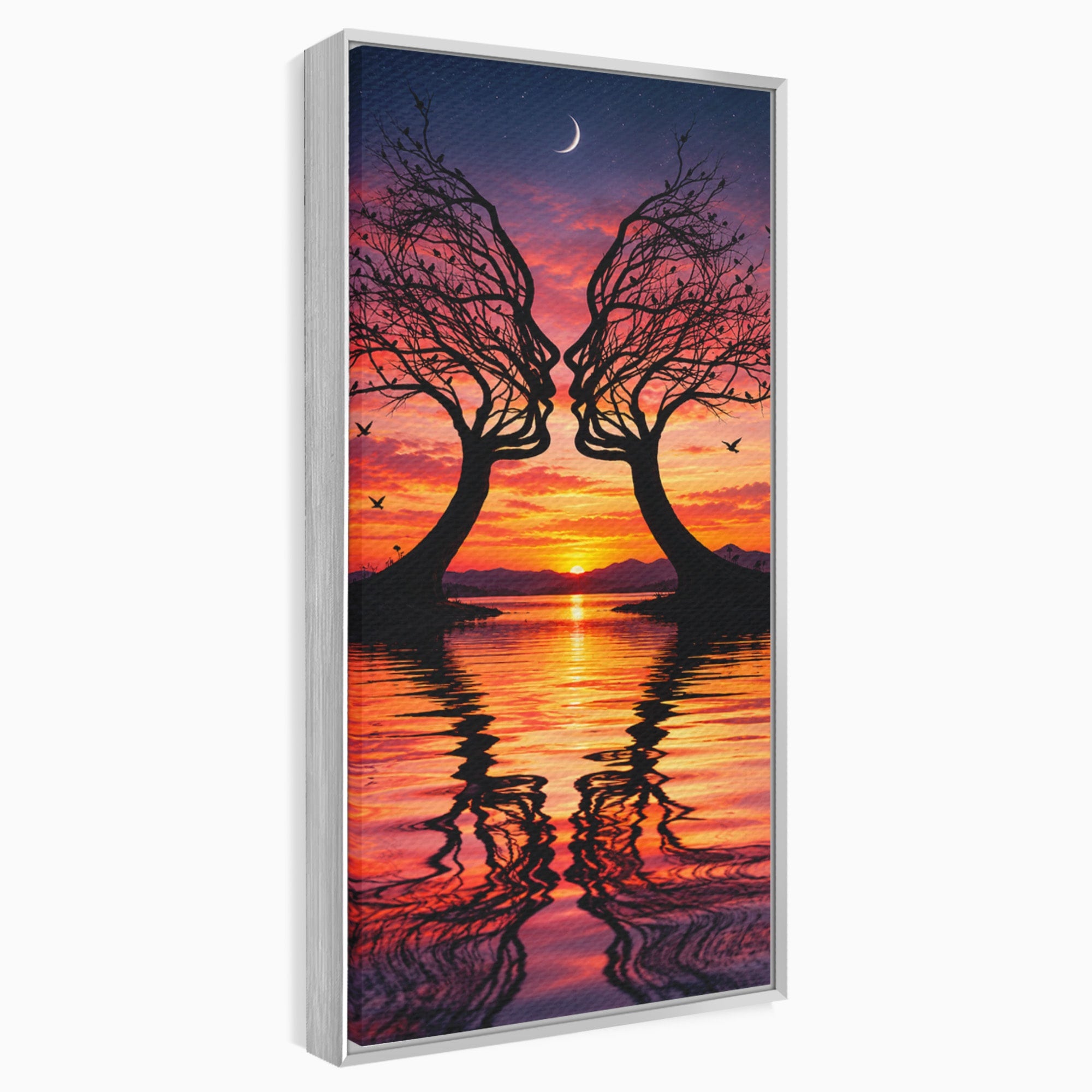 Tablou Canvas Premium LuxCanva® U1217, Siluete Sub Luna, Copaci, Apus, Reflexie, Iubire, Living, Culori Vibrante