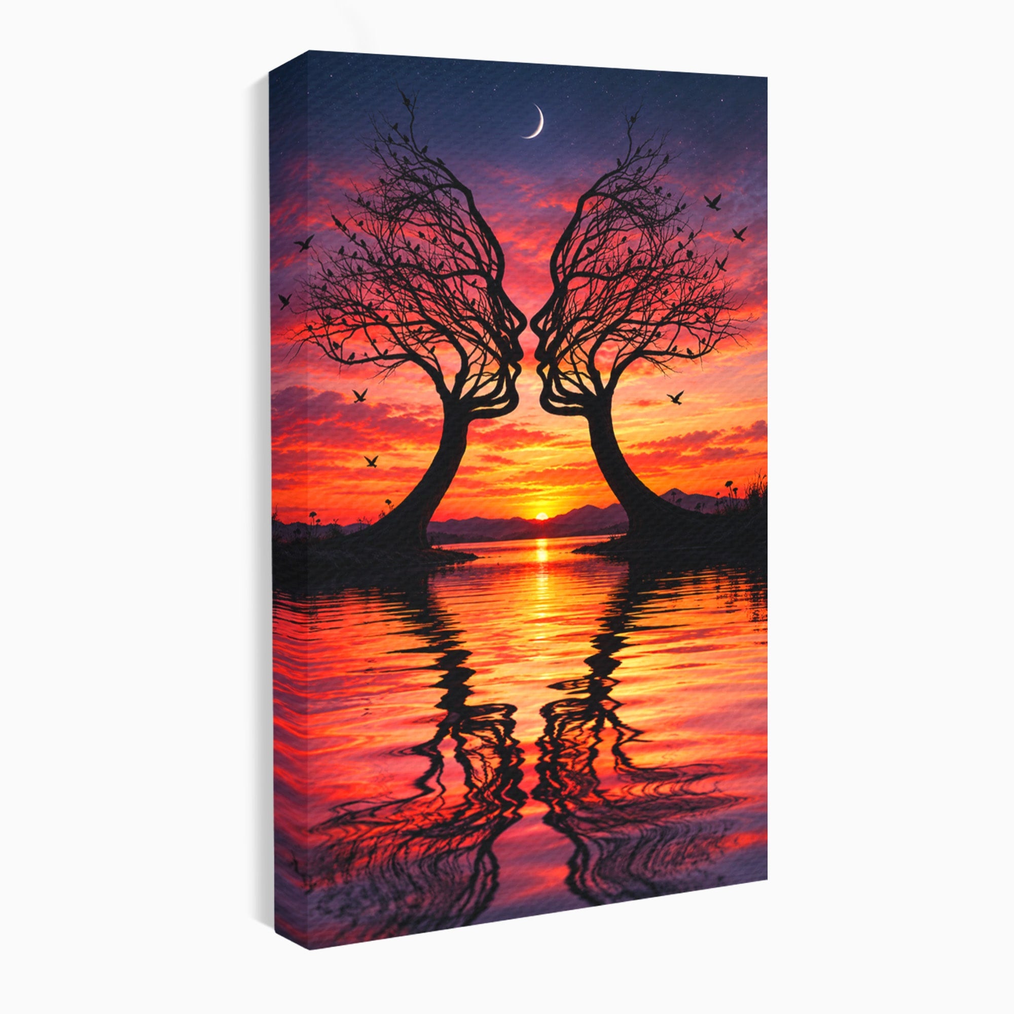 Tablou Canvas Premium LuxCanva® U1217, Siluete Sub Luna, Copaci, Apus, Reflexie, Iubire, Living, Culori Vibrante
