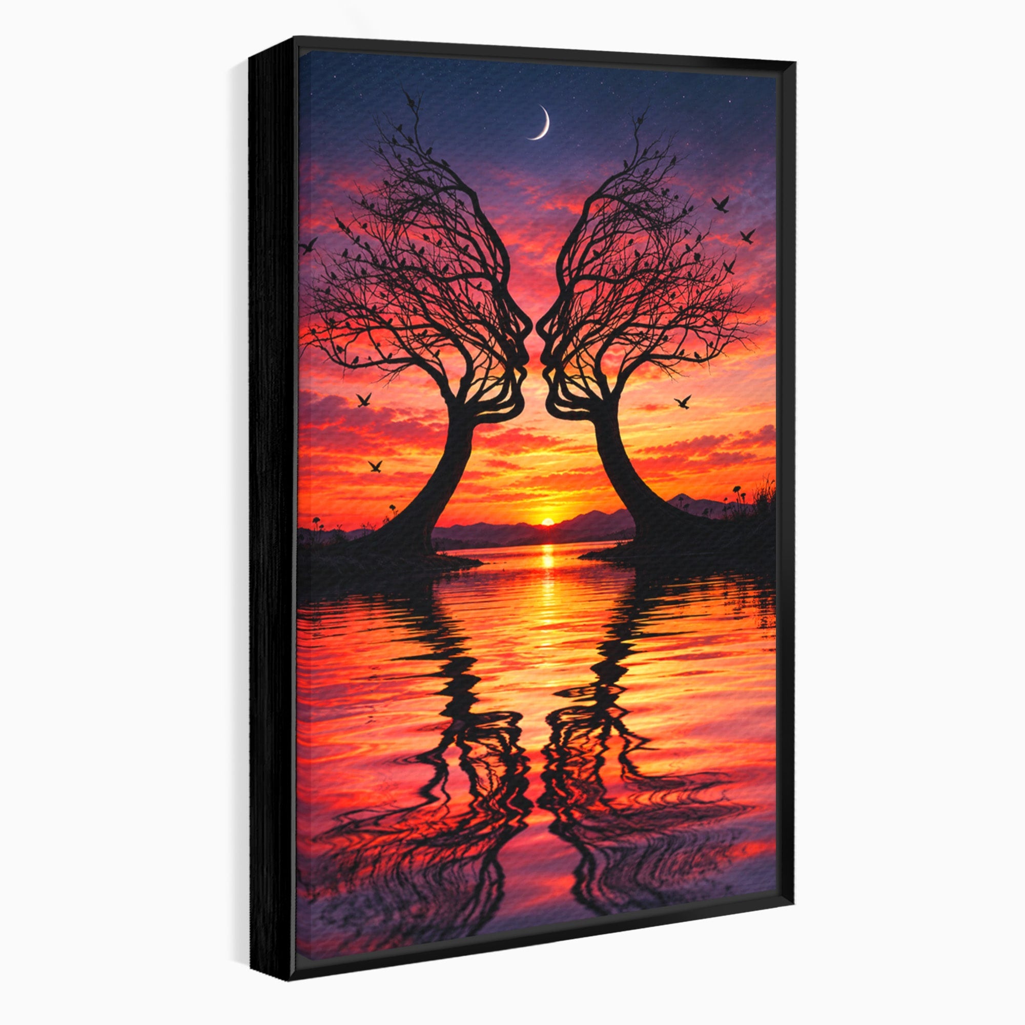 Tablou Canvas Premium LuxCanva® U1217, Siluete Sub Luna, Copaci, Apus, Reflexie, Iubire, Living, Culori Vibrante