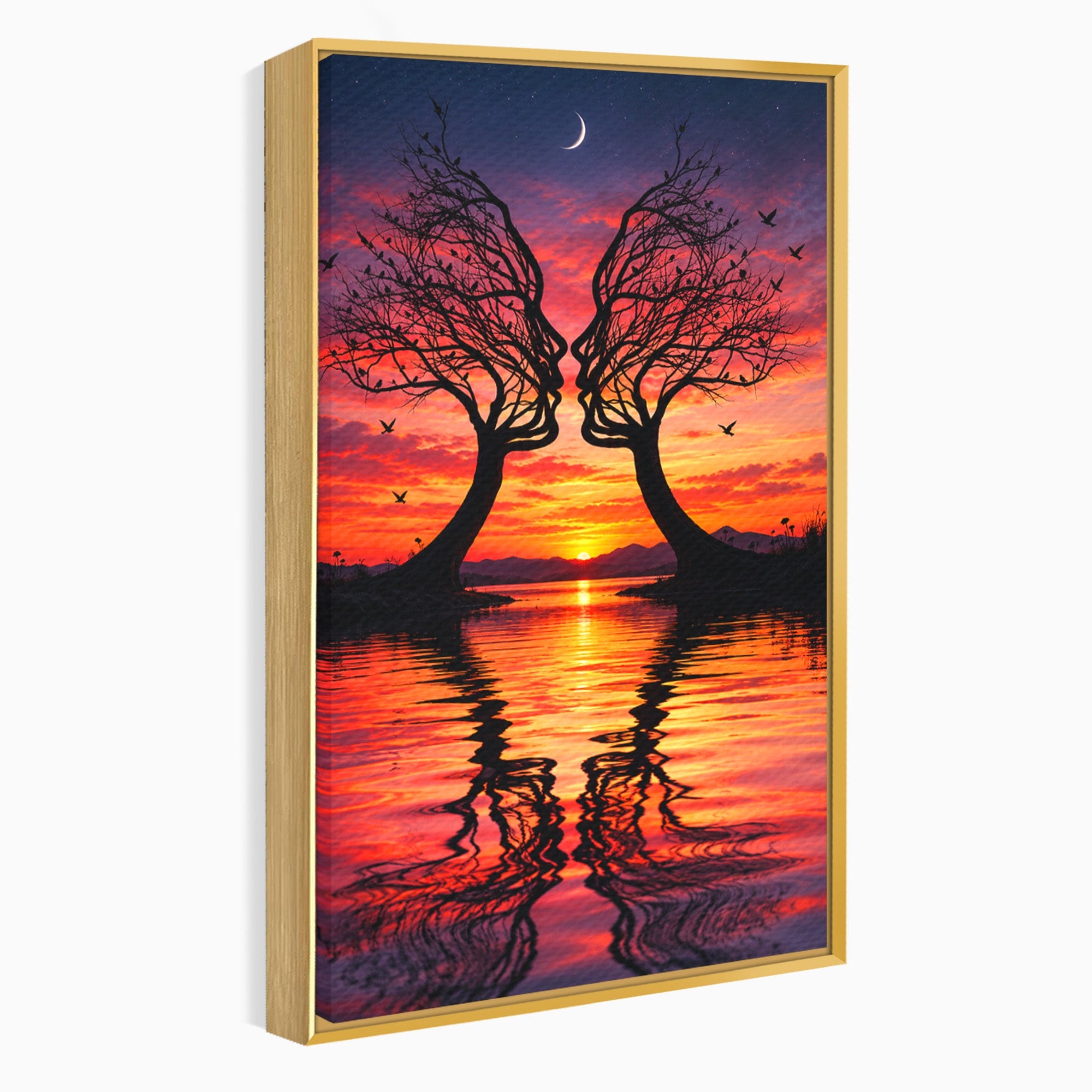 Tablou Canvas Premium LuxCanva® U1217, Siluete Sub Luna, Copaci, Apus, Reflexie, Iubire, Living, Culori Vibrante