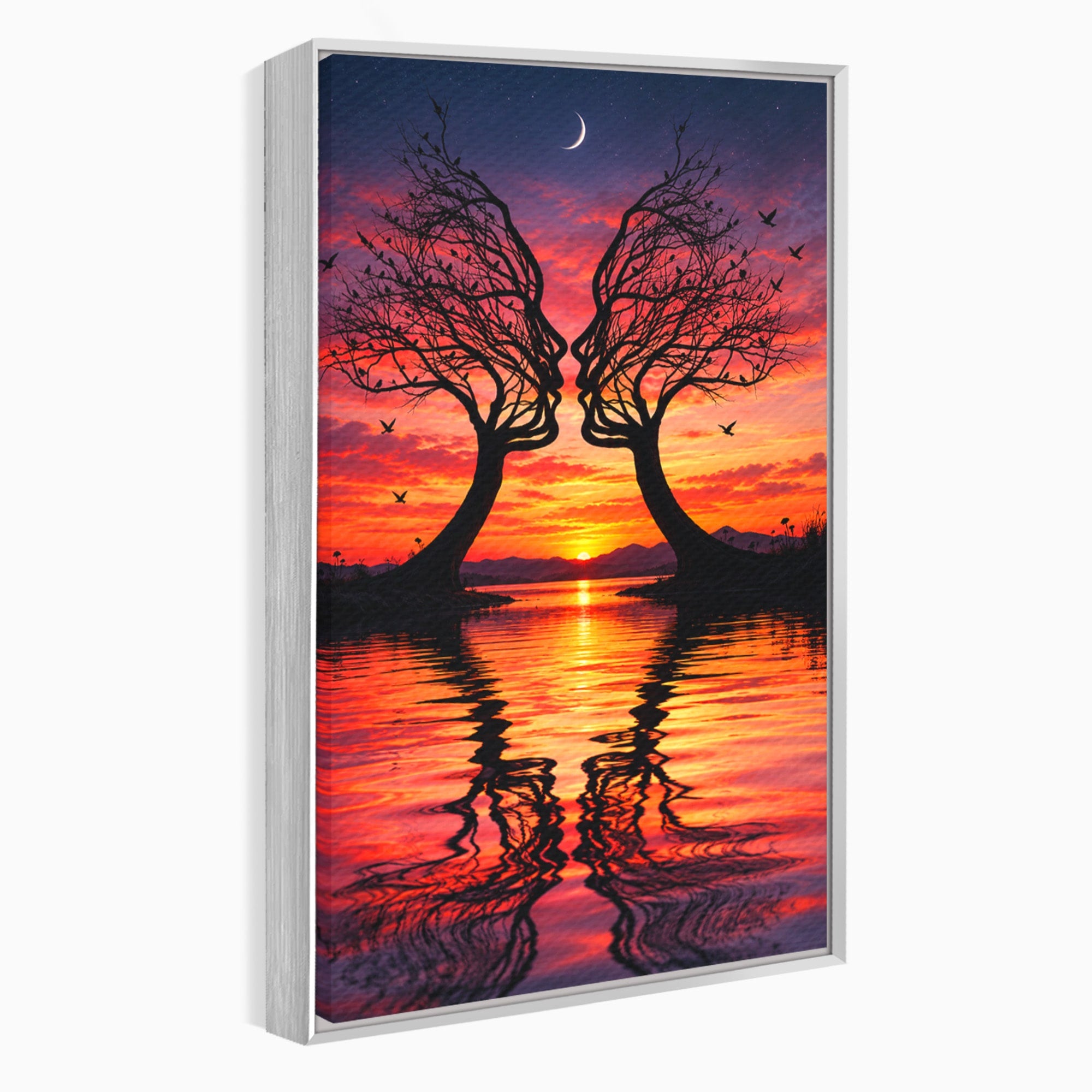 Tablou Canvas Premium LuxCanva® U1217, Siluete Sub Luna, Copaci, Apus, Reflexie, Iubire, Living, Culori Vibrante