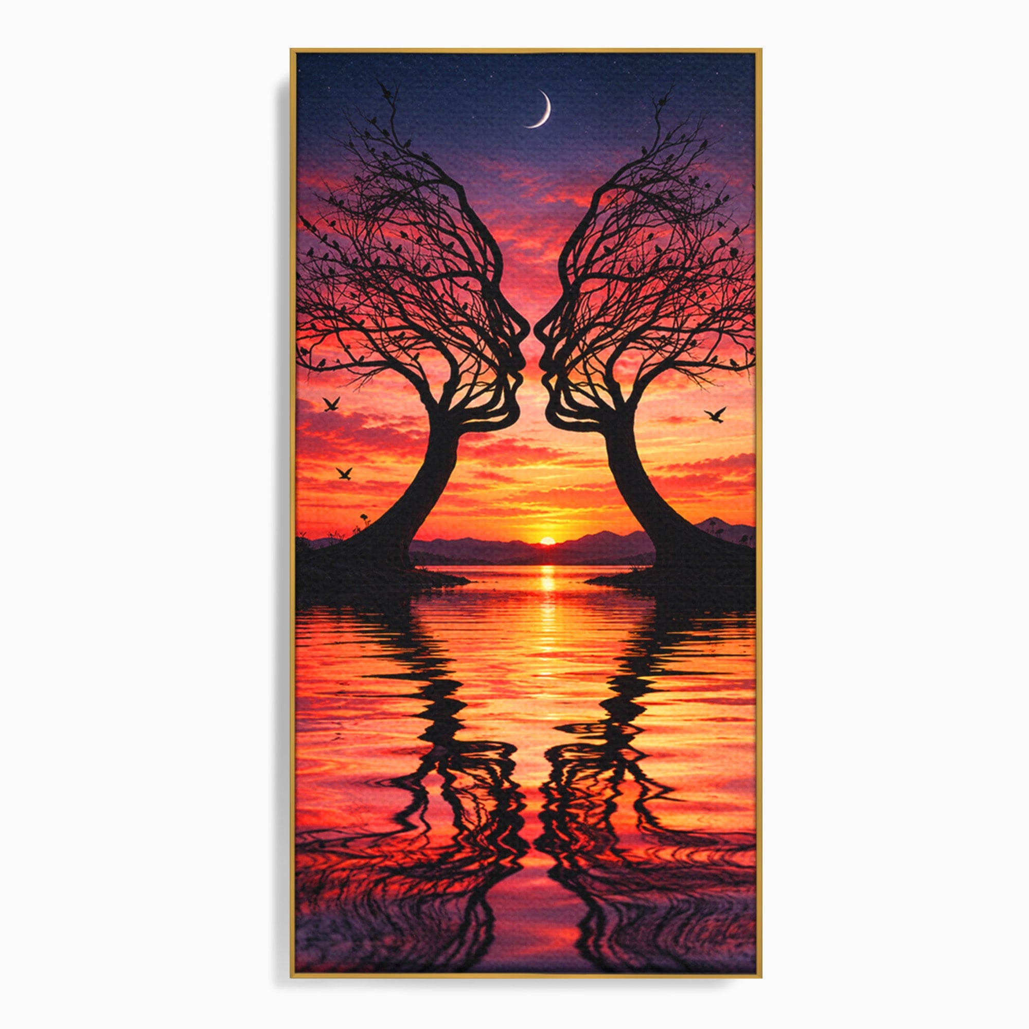 Tablou Canvas Premium LuxCanva® U1217, Siluete Sub Luna, Copaci, Apus, Reflexie, Iubire, Living, Culori Vibrante