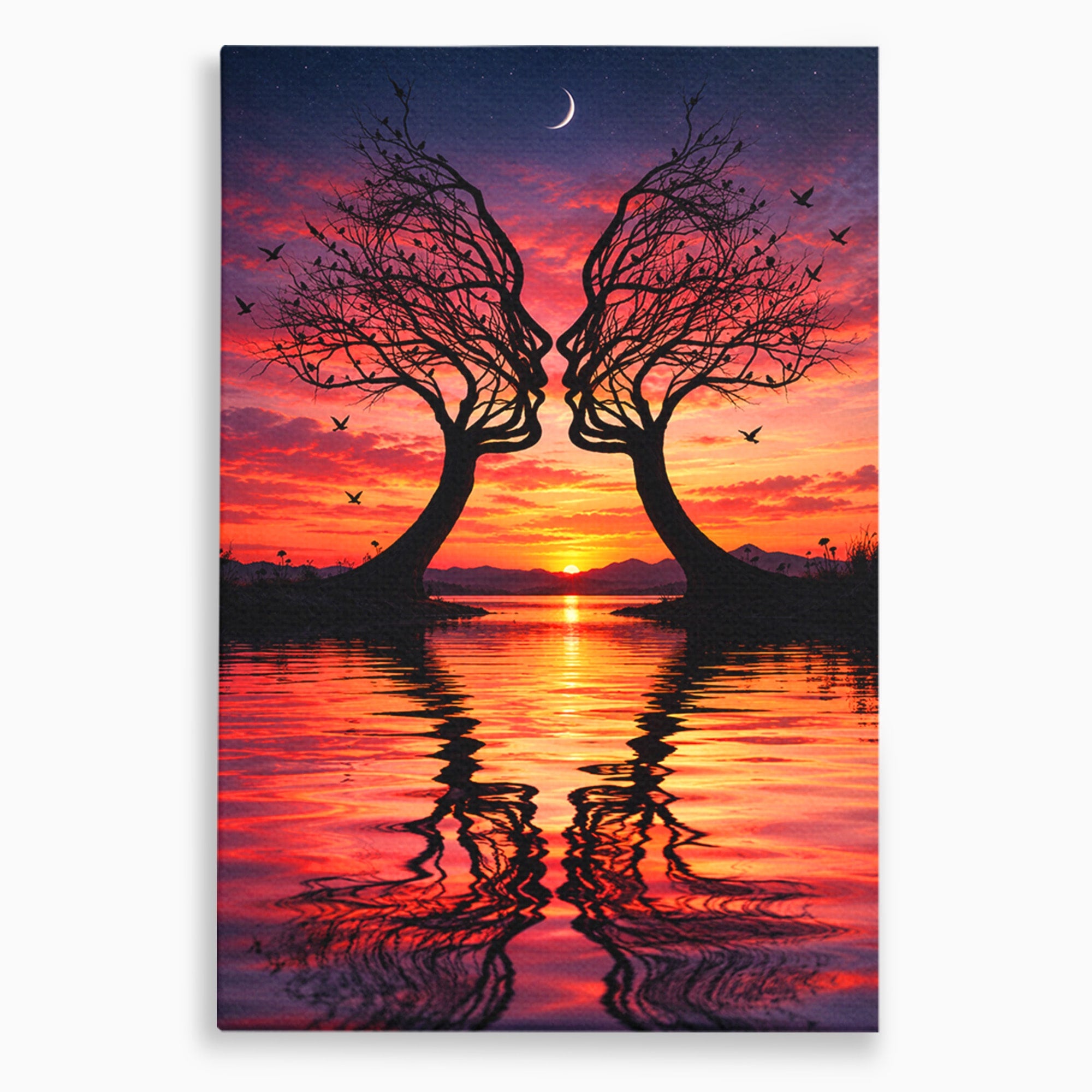 Tablou Canvas Premium LuxCanva® U1217, Siluete Sub Luna, Copaci, Apus, Reflexie, Iubire, Living, Culori Vibrante